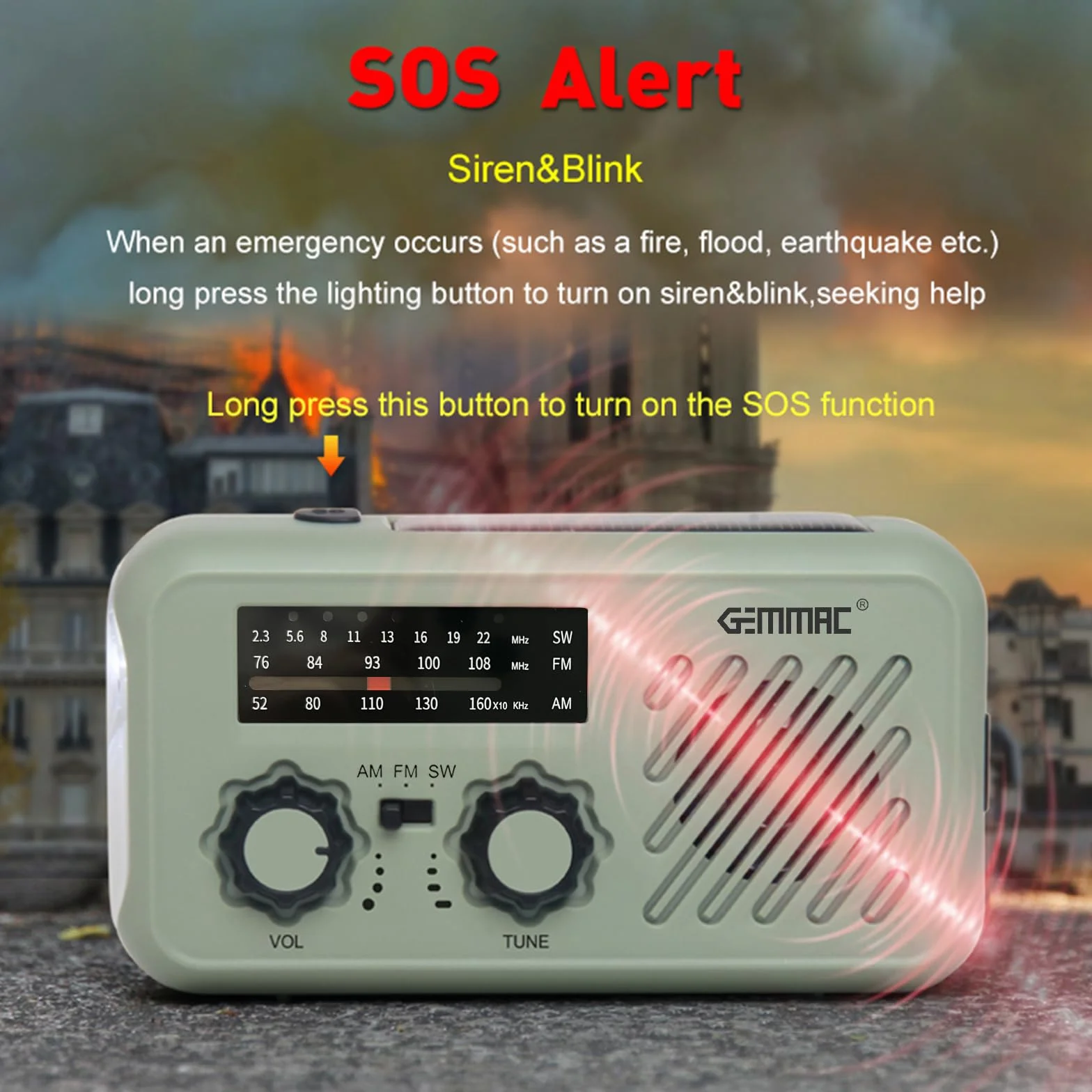 Gemmac Radio Awaryjne, 3-Drożne ładowanie Awaryjne, Akumulator 2000 mAh Radio Korbowe, ładowarka Solarna, Power Bank Radio USB AM/FM z Alarmem SOS i Wejściem Słuchawkowym, Latarka