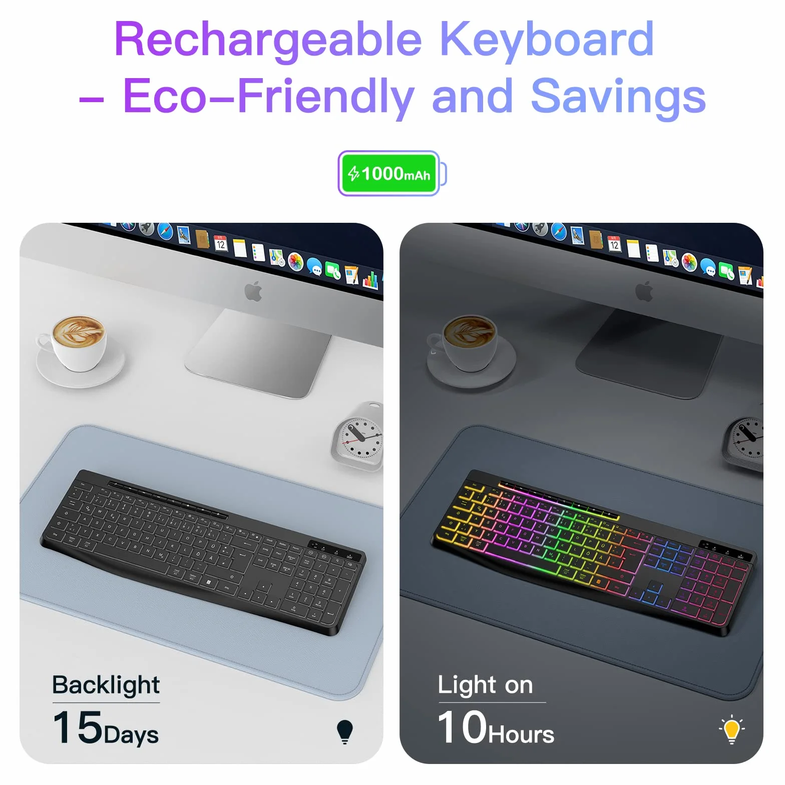 TECURS Klawiatura bezprzewodowa do gier – cicha klawiatura QWERTZ, podświetlana, ergonomiczna, wodoszczelna, 2,4 GHz LED Keyboard do Windows/Mac/PS4/Xbox z przyciskami multimedialnymi, czarna