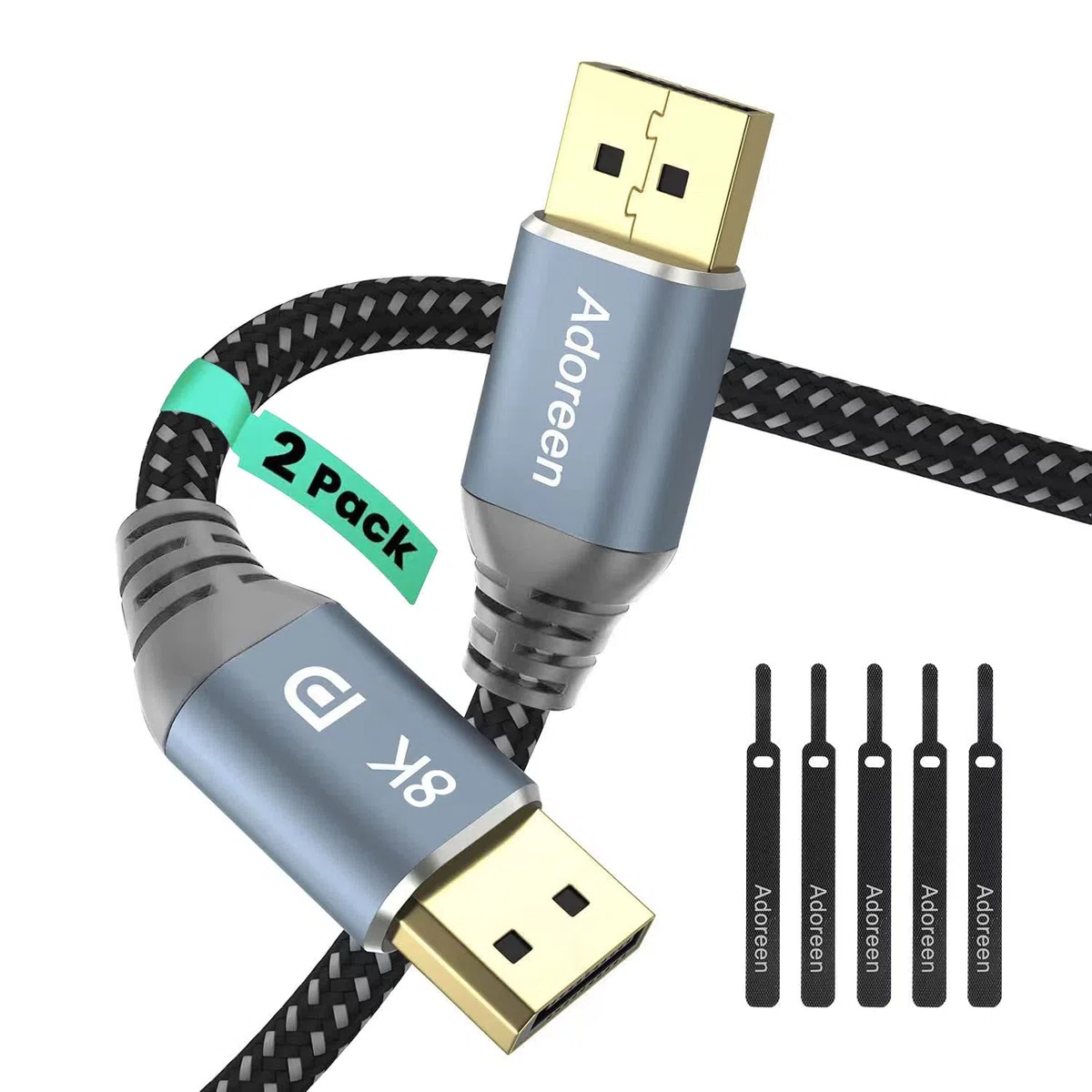 Kabel 8K DisplayPort 1.4, 2 sztuki, kabel Adoreen DP (od 1,5-30FT) 8K przy 60 Hz 4K przy 144 Hz 2K 1080P 240Hz 32,4 Gb/s HBR3 HDCP HDR, FreeSync G-Sync, pleciony port wyświetlacza do grafiki monitora