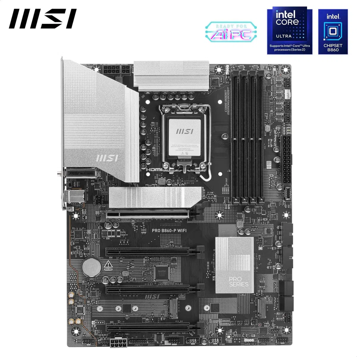 MSI PRO B860-P WIFI płyta główna, ATX - obsługuje procesory Intel Core Ultra (seria 2), LGA 1851-12 DRPS, DDR5 Memory Boost (8600+ MT/s OC), PCIe 5.0 x16 i 4.0 x16, M.2 Gen 5, Wi-Fi 7, 5G LAN