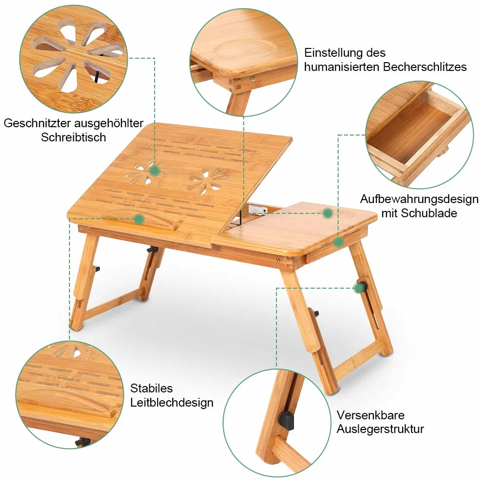 Laptoptisch Beistelltisch Bambus mit Schublade Höhenverstellbar (53-58,8) x 29.7 cm