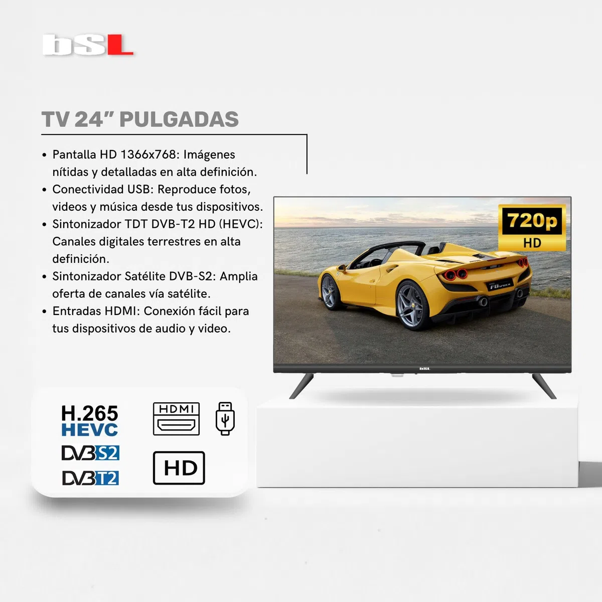Telewizor 24" BSL-24T2HD LED HD 1366x768 | 60 Hz | USB | DVBT2 HD H.265 | DVB-S2 | HDMI