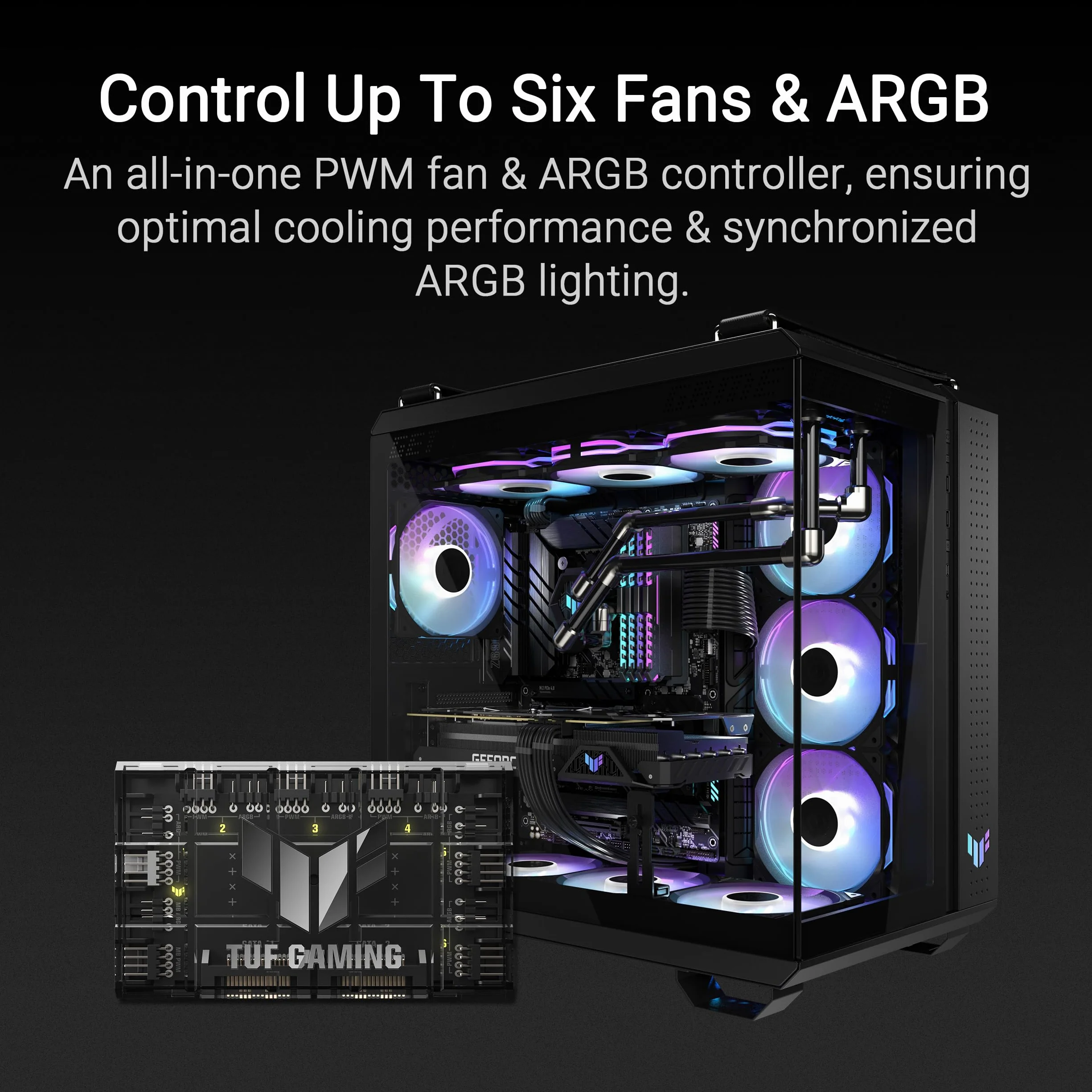 ASUS TUF Gaming ARGB PWM Hub wentylatora (6 portów do wentylatora obudowy PWM i sterowania ARGB, 2 x złącza zasilania SATA, synchronizacja chłodzenia i efektów świetlnych, magnetyczne mocowanie,