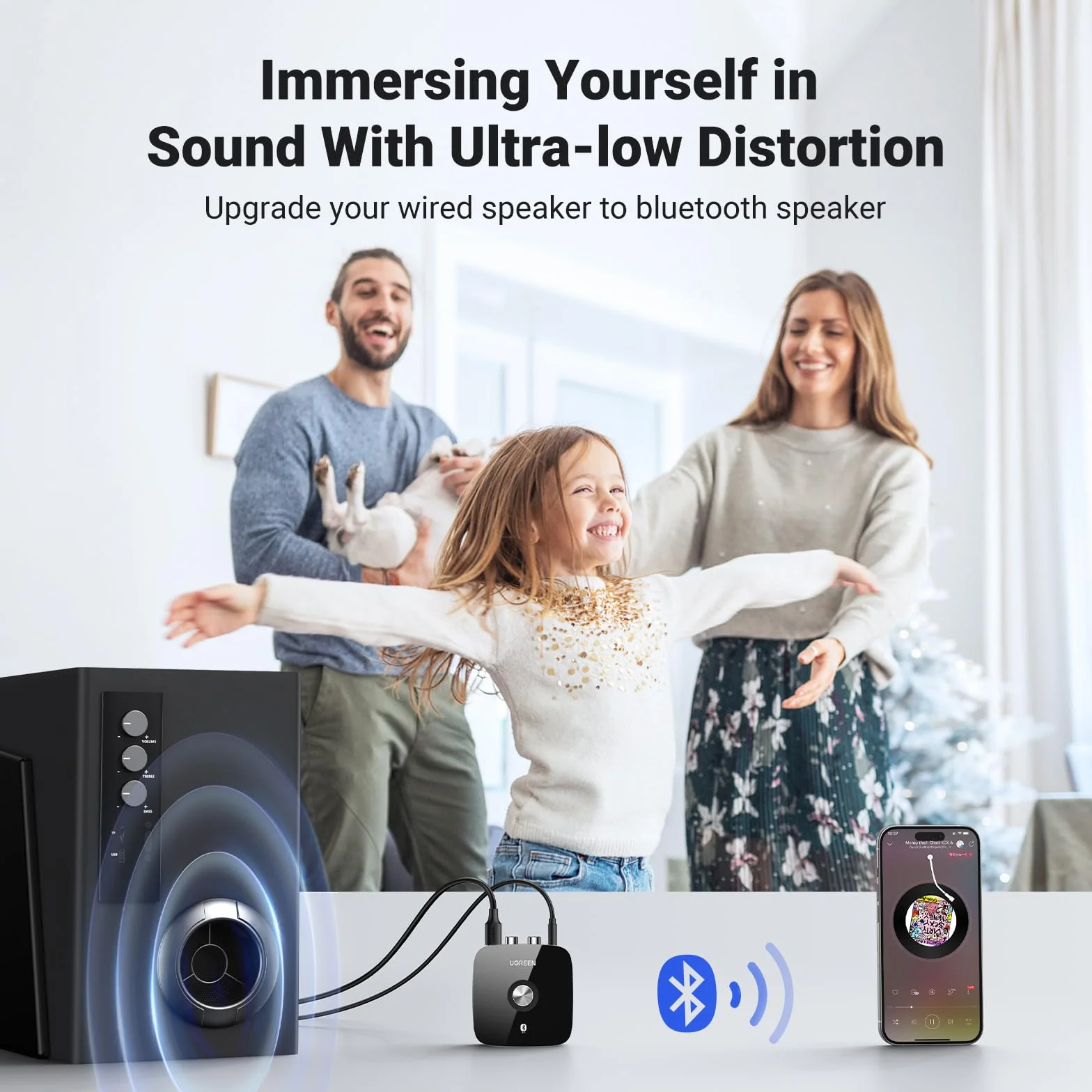UGREEN Adapter audio Bluetooth 5.1 aptx HD do bezprzewodowego odbiornika stereo o niskim opóźnieniu z gniazdem Jack, podwójne parowanie z telefonem komórkowym, odbiornik HiFi Bluetooth do głośników