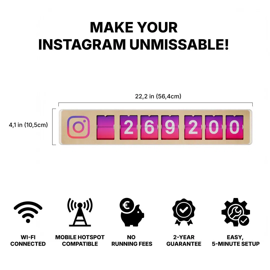 Licznik Obserwujących Instagram na Żywo, Ruchome Klapki, 7 Cyfr | Wyświetlacz z ruchomymi klapkami pokazuje obserwujących Instagram na żywo. Dla butików i twórców. Wi-Fi, montaż w 5 minut.