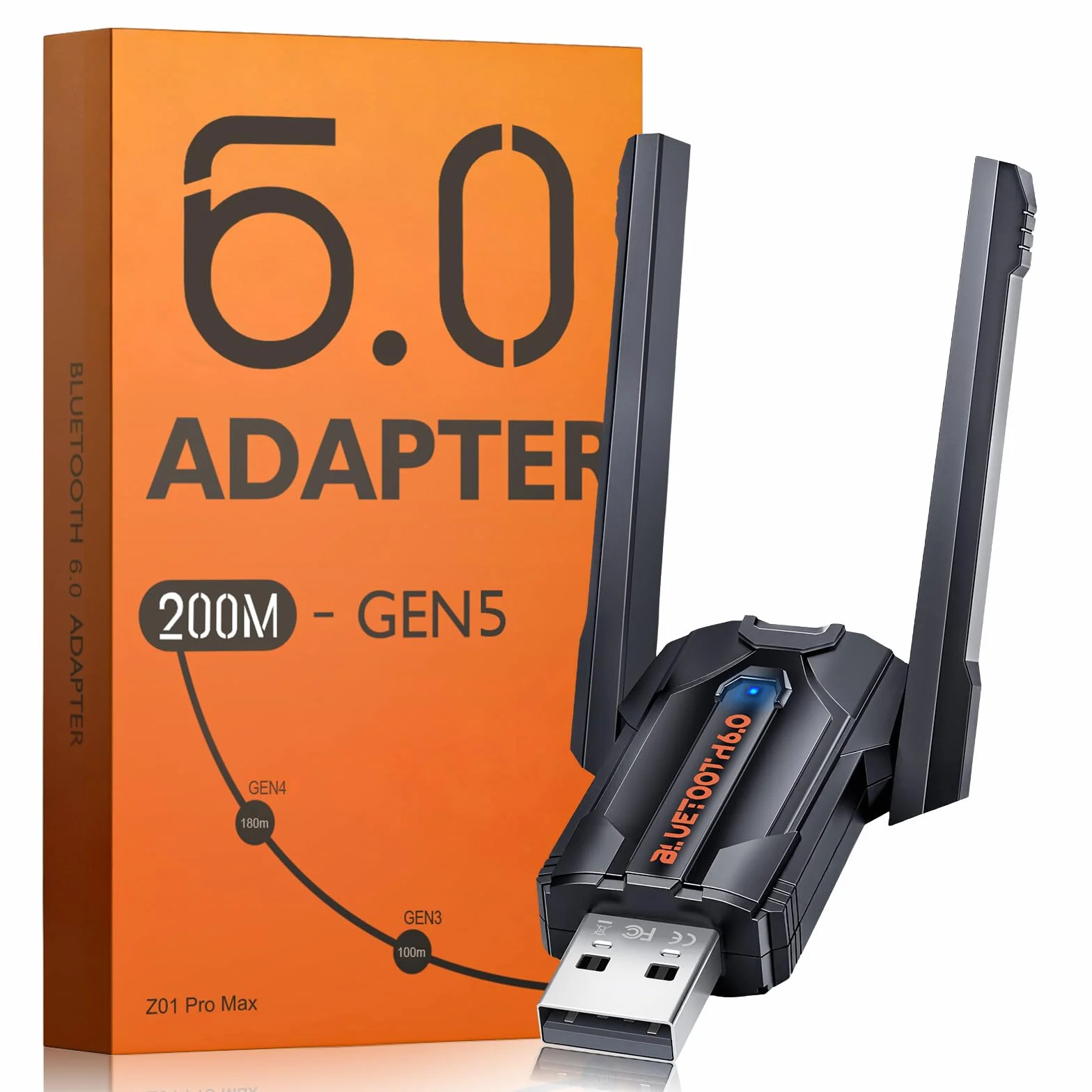 ZEXMTE Adapter Bluetooth 5.4 USB do komputera, EDR i BLE, antena o wysokim wzmocnieniu, 180 m dalekiego zasięgu
