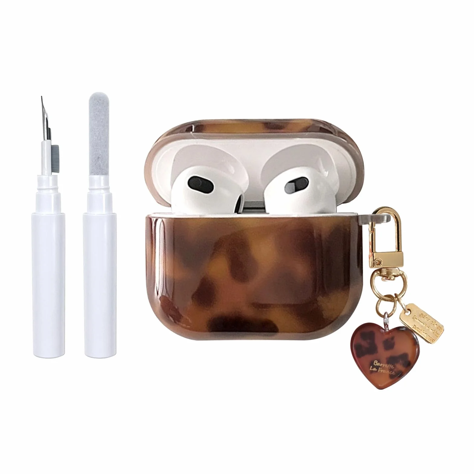 Etui na AirPods 4. generacji z zestawem do czyszczenia, estetyczny design z uroczym wzorem w panterkę w kolorze bursztynu, pokrowiec odporny na zarysowania z breloczkiem do miękkich słuchawek