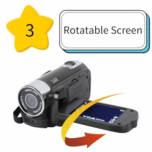 Kamera Wideo, 16x 1080P 30FPS Vlogging Camera Recorder z 2,7-calowym Obrotowym Ekranem TFT, światłem Wypełniającym, Wbudowanym Głośnikiem, obsługą 32 GB, na ślub w Podróży (Czarny)