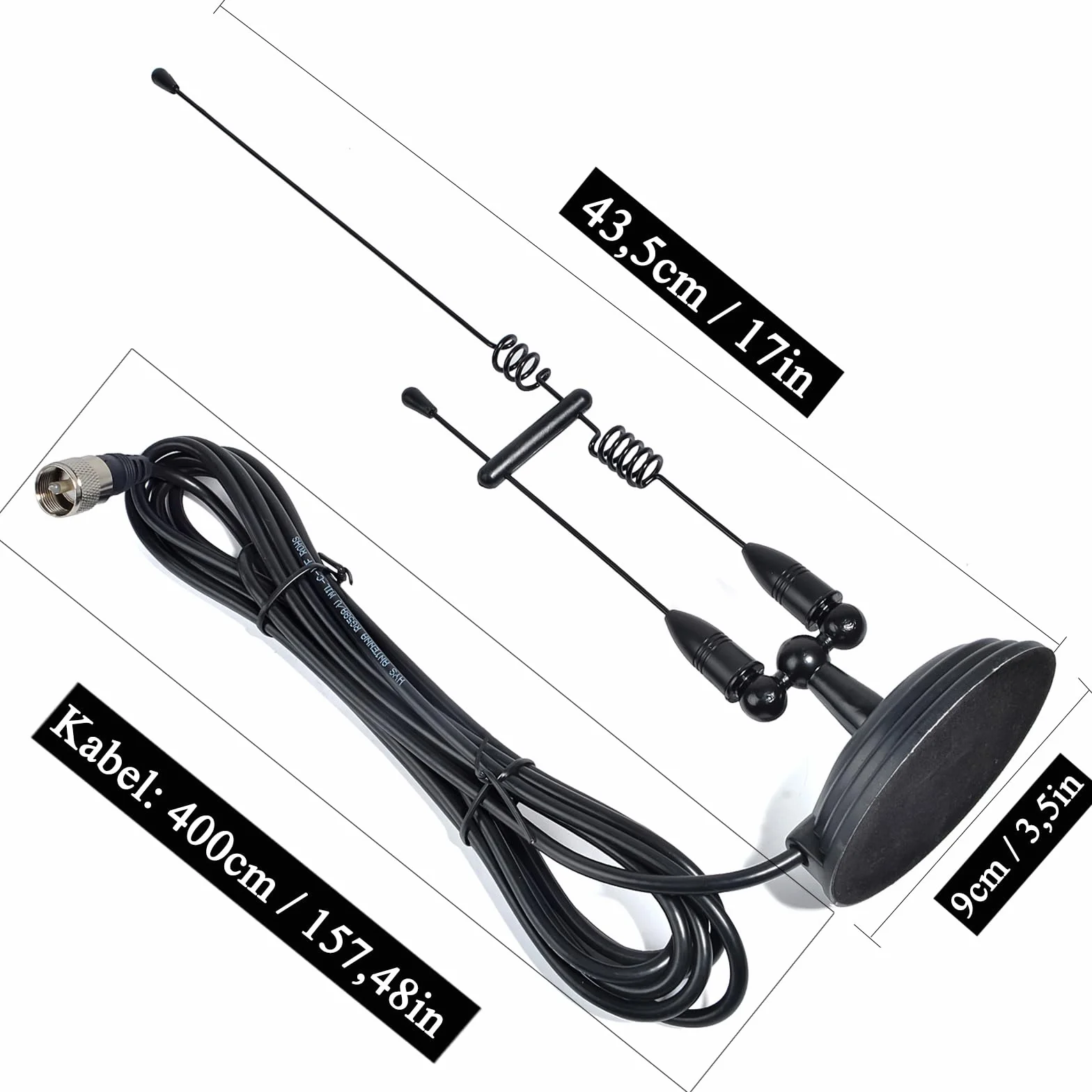 HYS Amatorska antena radiowa 2 m / 70 cm VHF/UHF mocna magnetyczna antena bazowa 4 m RG-58 kabel ze złączem PL259 MS10