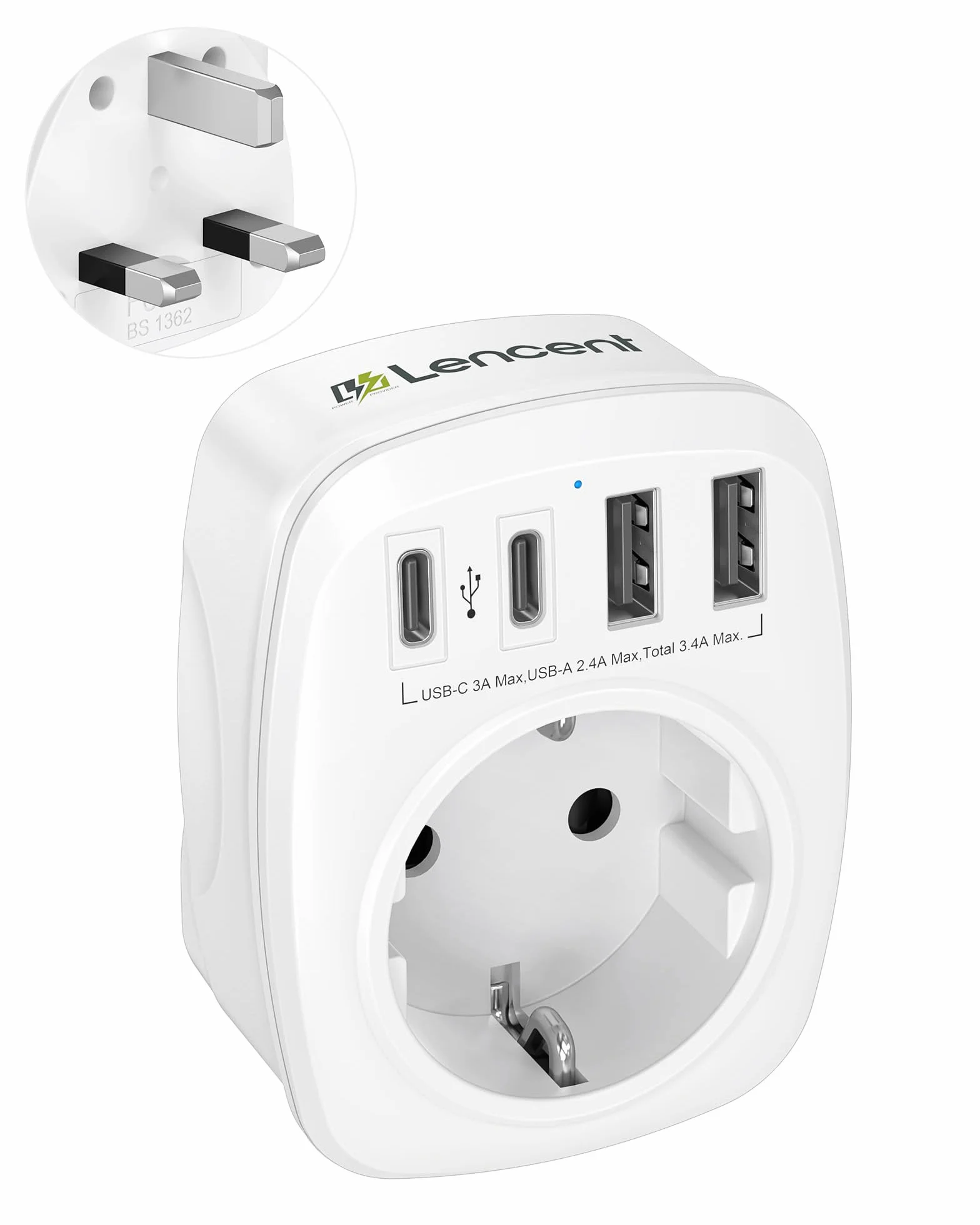 LENCENT 5-w-1 Adapter Podróżny UK Adapter, Typu-G Wtyczka Podróżna Adapter z 3 USB-A, 1 Typ C i 1 AC Schuko Adapter do Wielka Brytania, Irlandia, Dubaj, Malezja, Singapur, Hongkong ładowarka ścienna