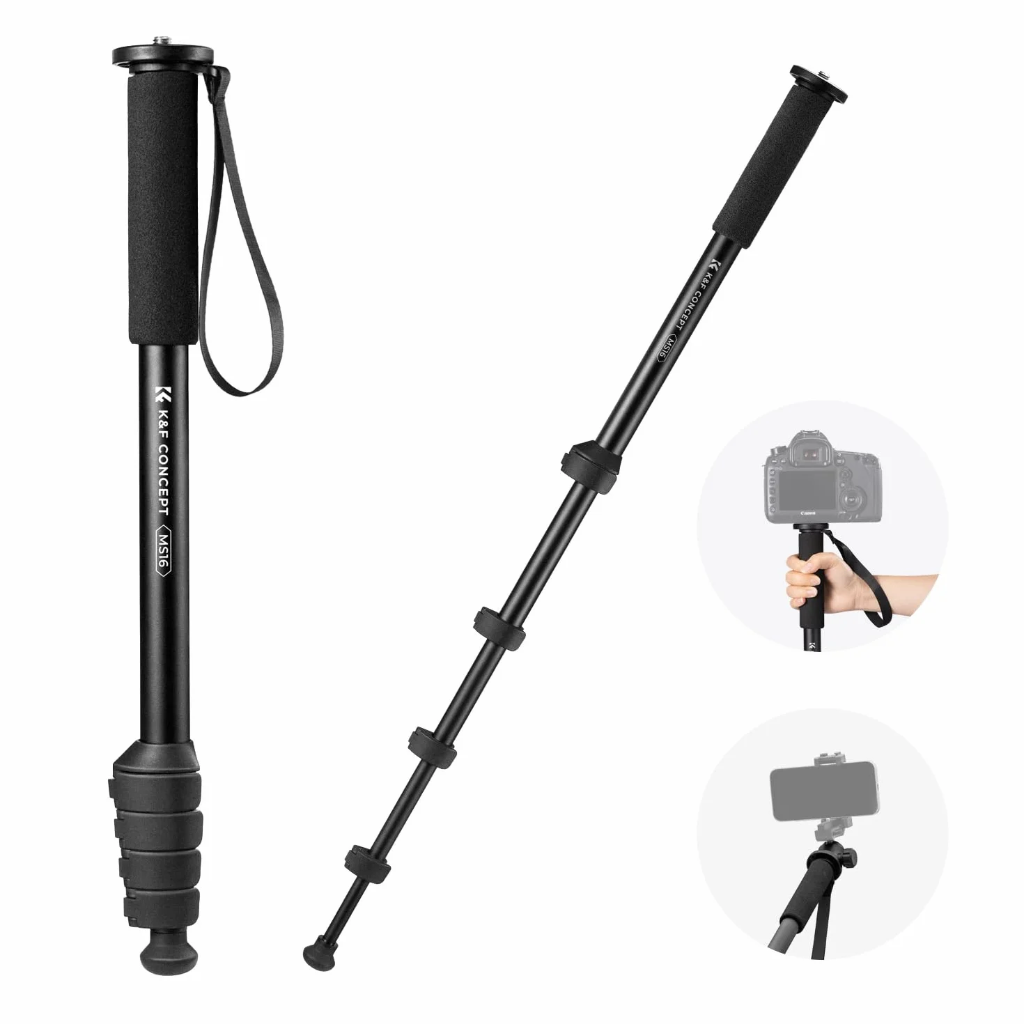 K&F Concept Monopod do aparatu, 160 cm aluminiowa fotografia kompaktowy monopod o 5-częściowej wysokości, lekki monopod podróżny do aparatu DSLR, nośność 10 kg/22 lbs, MS16