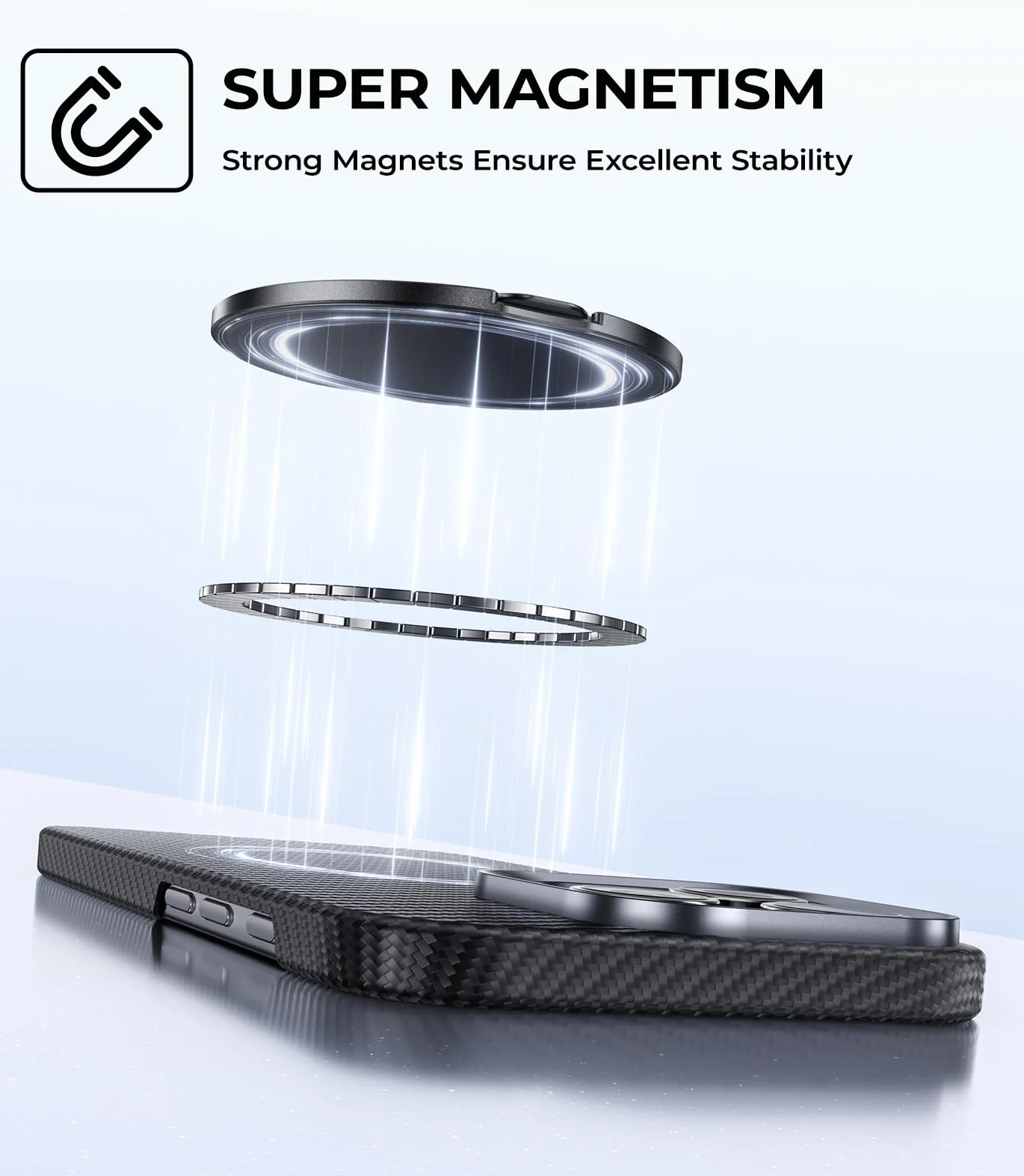 BENKS Magnetyczny pierścień do telefonu MagSafe 2 w 1 uchwyt obrót 360° Kevlar pasek do iPhone 17/16/15/14/13 Pro Max czarny