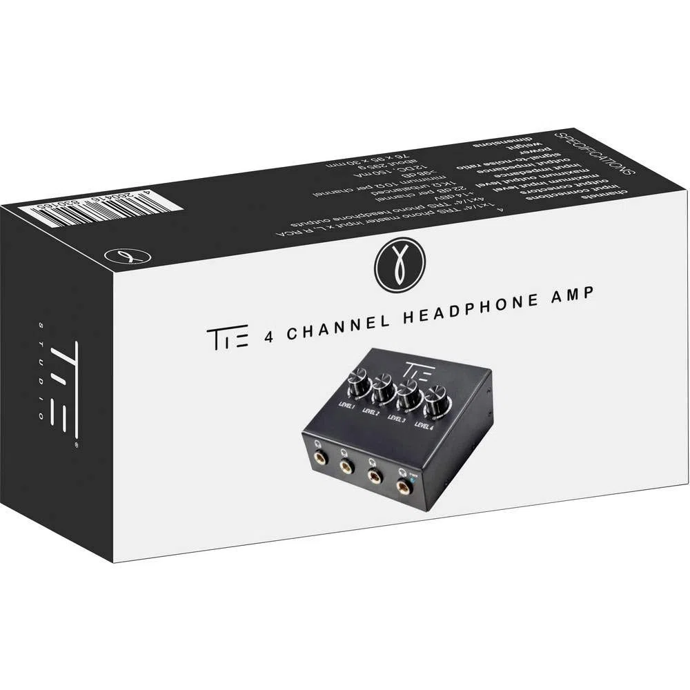 TIE Studio 4CH wzmacniacz słuchawkowy (4-kanałowy wzmacniacz słuchawkowy stereo, kompaktowy i wytrzymały, profesjonalny monitoring, oddzielna regulacja głośności dla każdego kanału), czarny, 19-90009