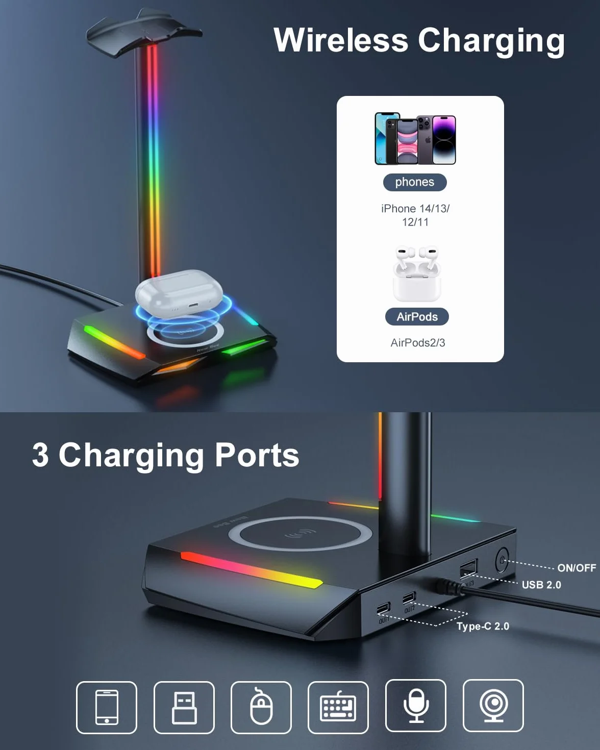 New Bee RGB stojak na słuchawki z ładowarką bezprzewodową, stojak na słuchawki gamingowe, uchwyt na słuchawki bezprzewodowe z funkcją ładowania bezprzewodowego z 1*USB 2*Typ-C 11 trybów efektów