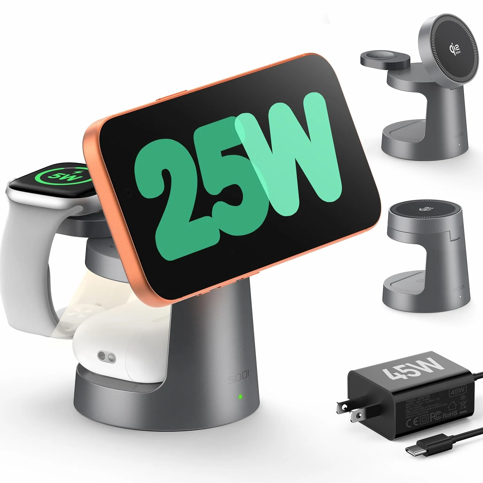 SODI UltraCharge Stacja Ładowania 3 w 1 z Qi2.2, Magnetyczna Ładowarka Bezprzewodowa 25W z Lampką Nocną do Phone 17/16/15/14/13/12, Smartwatch i Słuchawek (Zasilacz 45W w Zestawie)
