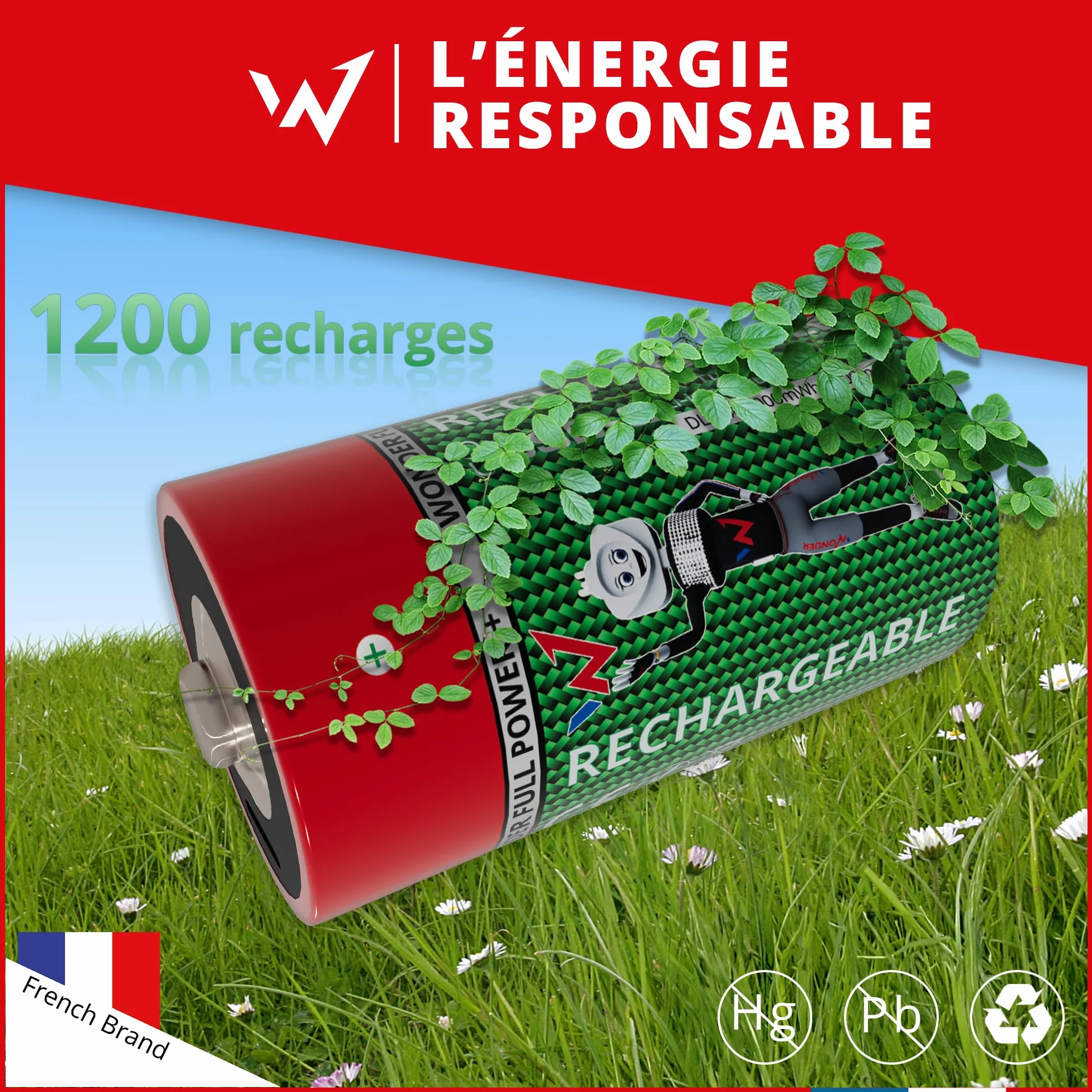 Wonder Full Energy - Baterie D / LR20 - Do ładowania przez USB-C - Kabel USB-C w zestawie - Długotrwały - 1,5V, 6000mWh, 3600mAh - 2 baterie