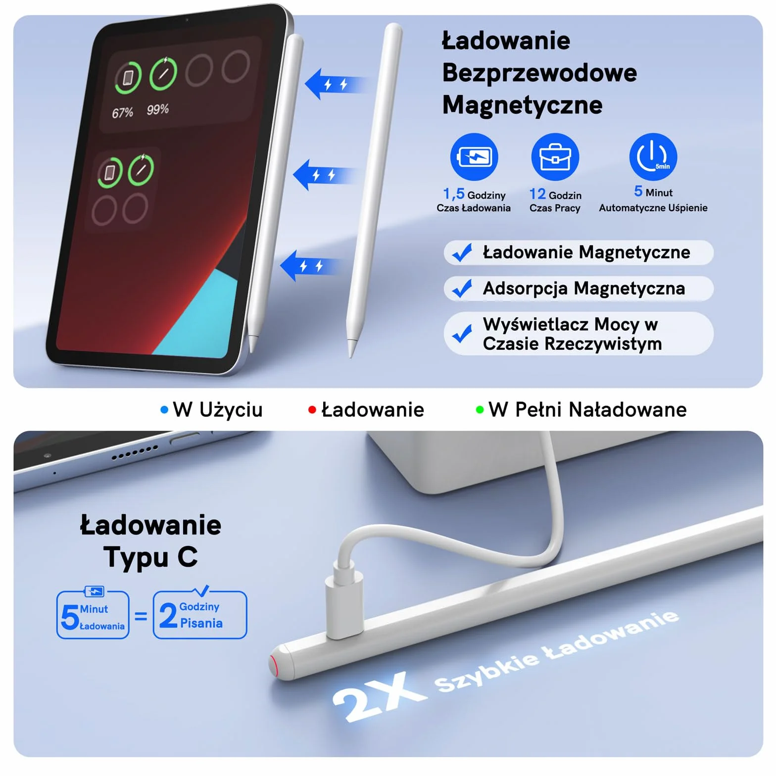 Zspeed Rysiki do iPad, Apple pencil z bezprzewodowe ładowanie I czułością na pochylenie, odrzucanie dłoni, Stylus kompatybilny ze iPad Pro 12.9 3/4/5/6, iPad Pro 11 1/2/3/4, iPad10/9/8/7/6, Mini/Air