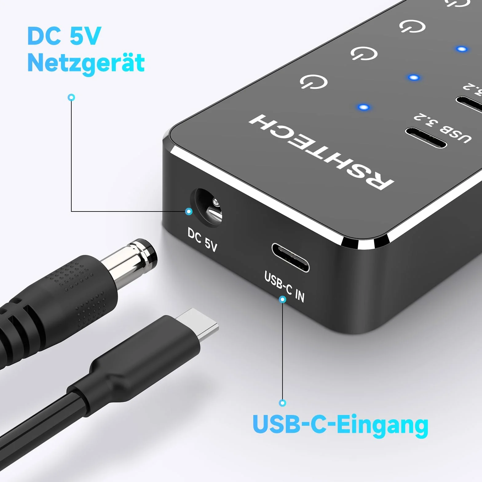 RSHTECH 7-portowy koncentrator USB C 3.2 aktywny z zasilaczem sieciowym – koncentrator USB 3.1 Gen2 z 3 portami 10 Gbps (typ A, 2 x typ C), 3,0 5 Gbps (2 x Ty-A, 2 * Ty-C) - kabel do transmisji danych
