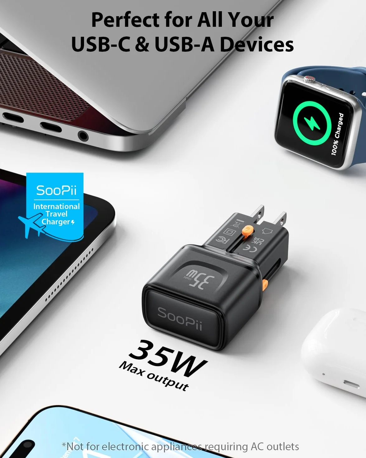 SooPii GaN Uniwersalna ładowarka ścienna, uniwersalna ładowarka podróżna z portem PD 35 W i portem QC 18 W, międzynarodowy zasilacz z wtyczką US UK EU AU do iPhone'a 16/15, Galaxy S25/S24, iPada i
