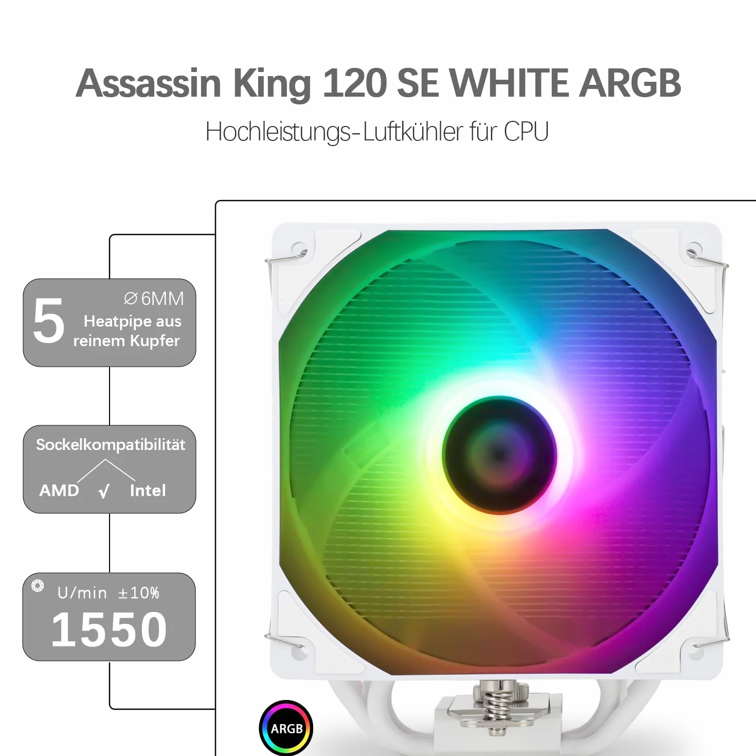 Thermalright Assassin King 120 SE White ARGB CPU Cooler 5 Heatpipes PWM 120mm AM4 AM5 LGA1851 1700 115x 1200 148mm
