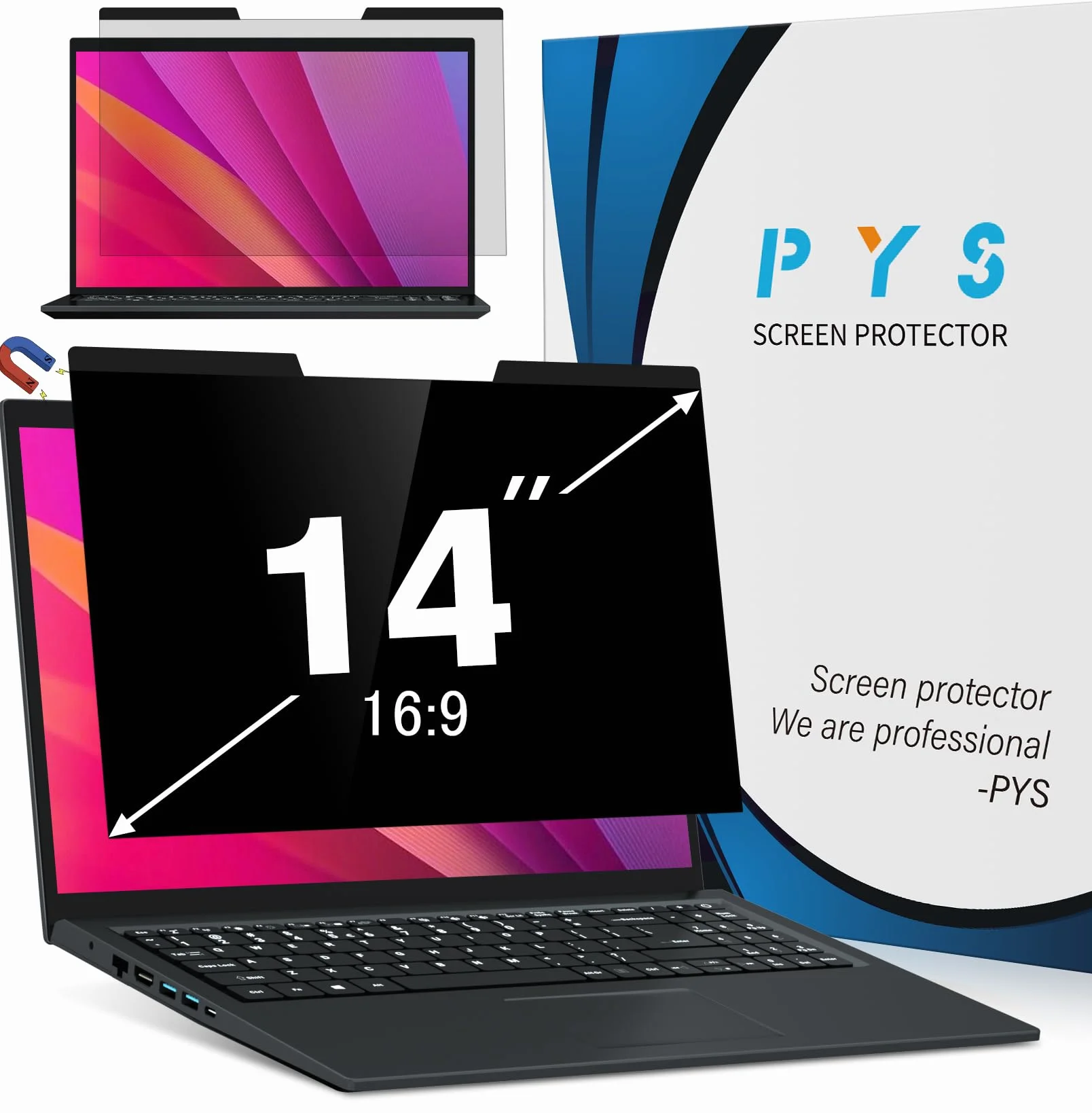 PYS Magnetyczny ekran prywatności laptopa 14 cali (format 16:9) – osłona prywatności ekranu komputera, antyodblaskowy filtr niebieskiego światła, odłączana osłona ekranu do Lenovo Thinkpad, HP