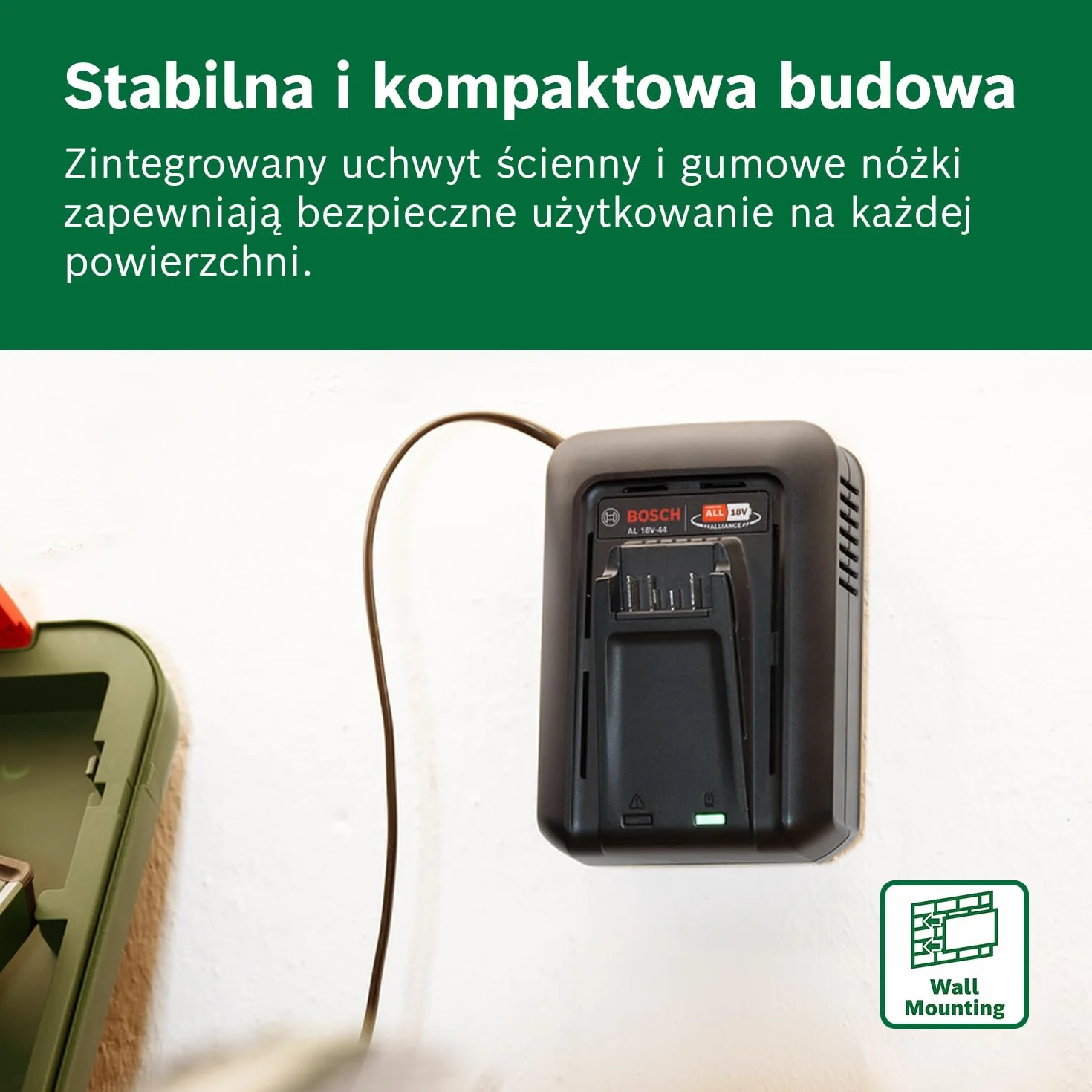 Bosch szybka ładowarka AL 18V-44 (system 18V, czas ład. ak. 2,0/2,5/4,0/6,0 Ah: 34/44/59/87 min, zintegrowany uchwyt ścienny)
