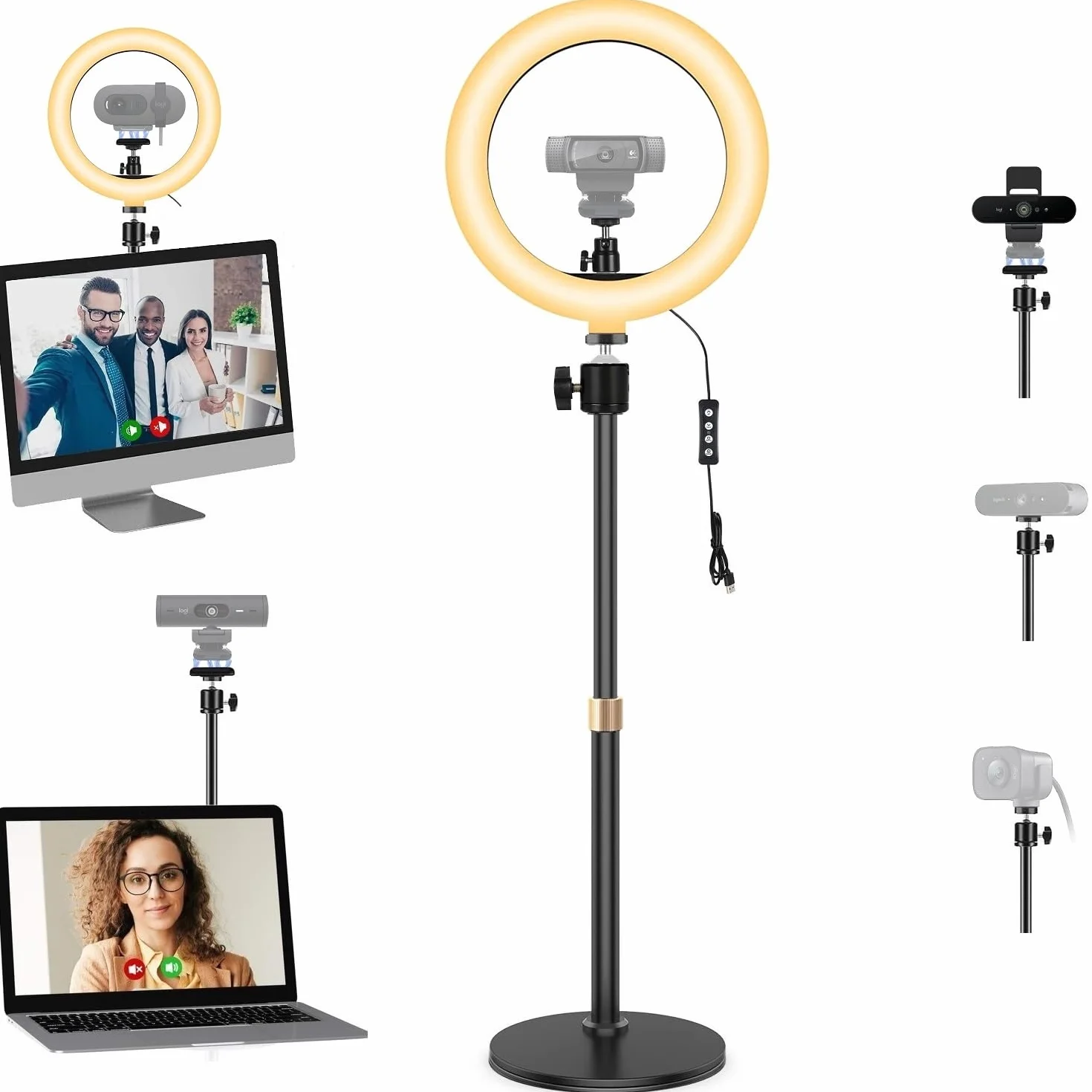 Stojak na lampę do selfie do kamery internetowej, 26 cm, pierścień świetlny z uchwytem na biurko i uchwytem magnetycznym, kompatybilny z Logitech C920 StreamCam C922 C930 C925 C615 BrioWebcams