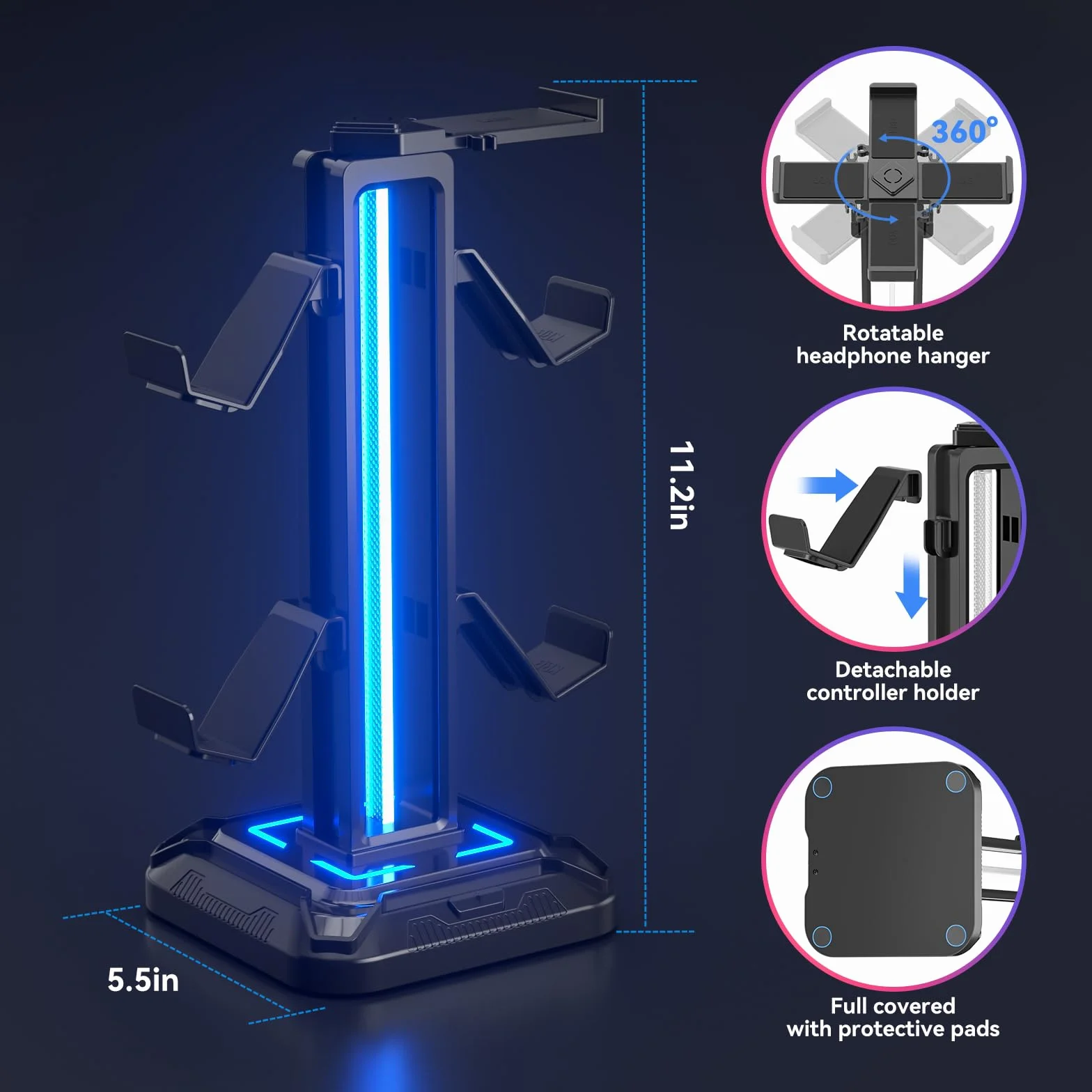 Stojak na Słuchawki RGB 9 Trybów Podświetlenia Obrotowy Uchwyt na Kontroler Czarny