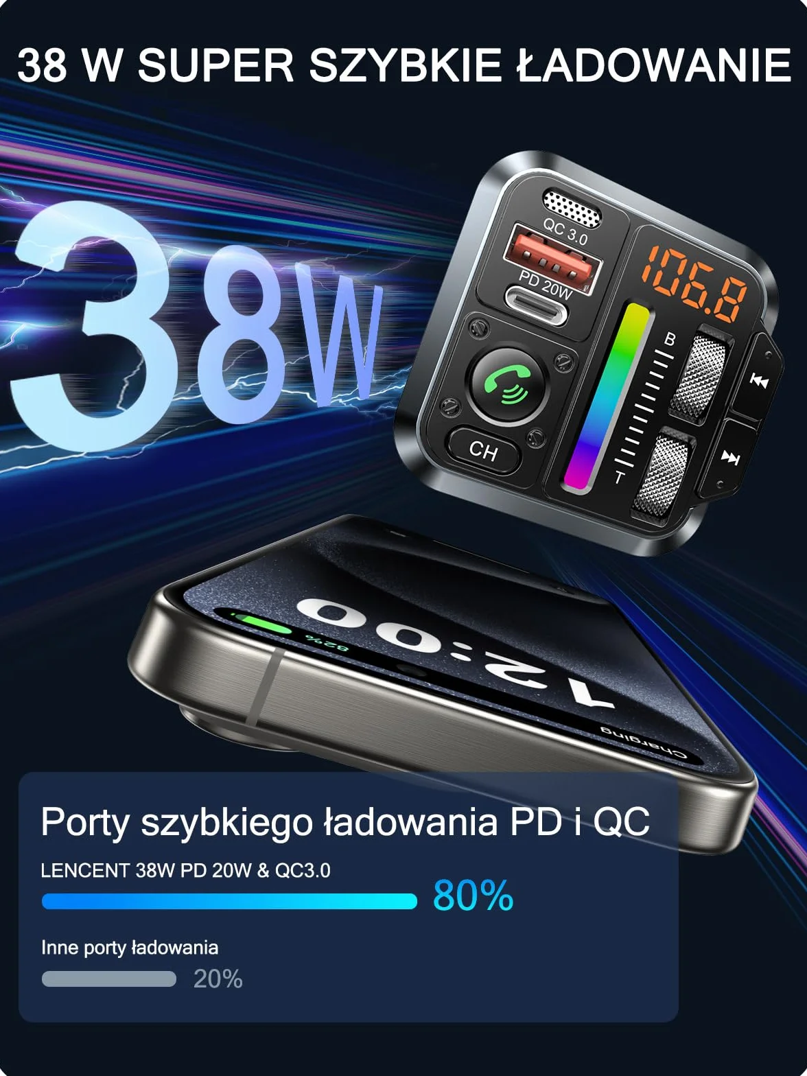 LENCENT 5.3 Samochodu Nadajnik FM Bluetooth, Bezprzewodowy Adapter Radiowy z Typ C PD 20 W + QC3.0 ładowarka Fast USB, Zestaw Głośnomówiący, Odtwarzacz Stereo MP3, Obsługuje dysk U, Kolorowe światło