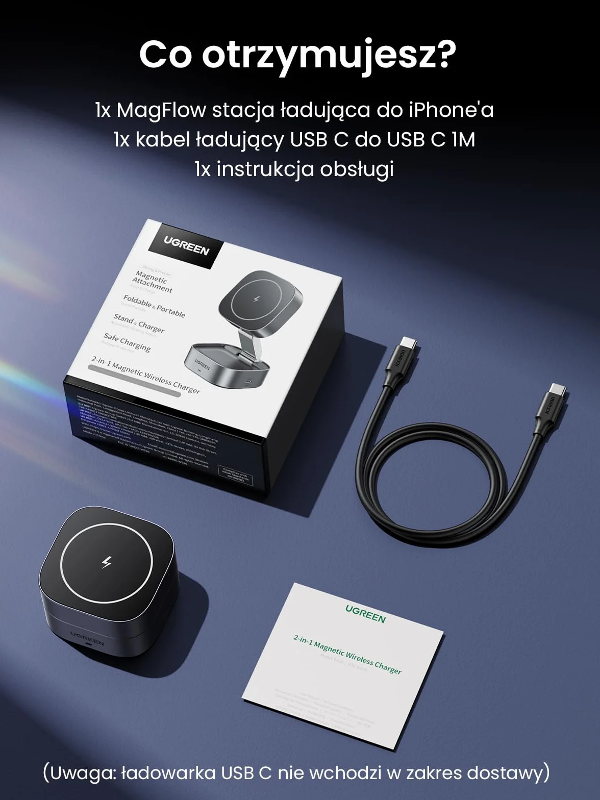 UGREEN MagFlow Składana podstawka ładująca 2 w 1 do iPhone'a kompatybilna z ładowarką MagSafe do iPhone'a 17,Air,17 Pro,17 Pro Max, 16,15,14,13,12, AirPods, podstawka ładująca z regulacją kąta