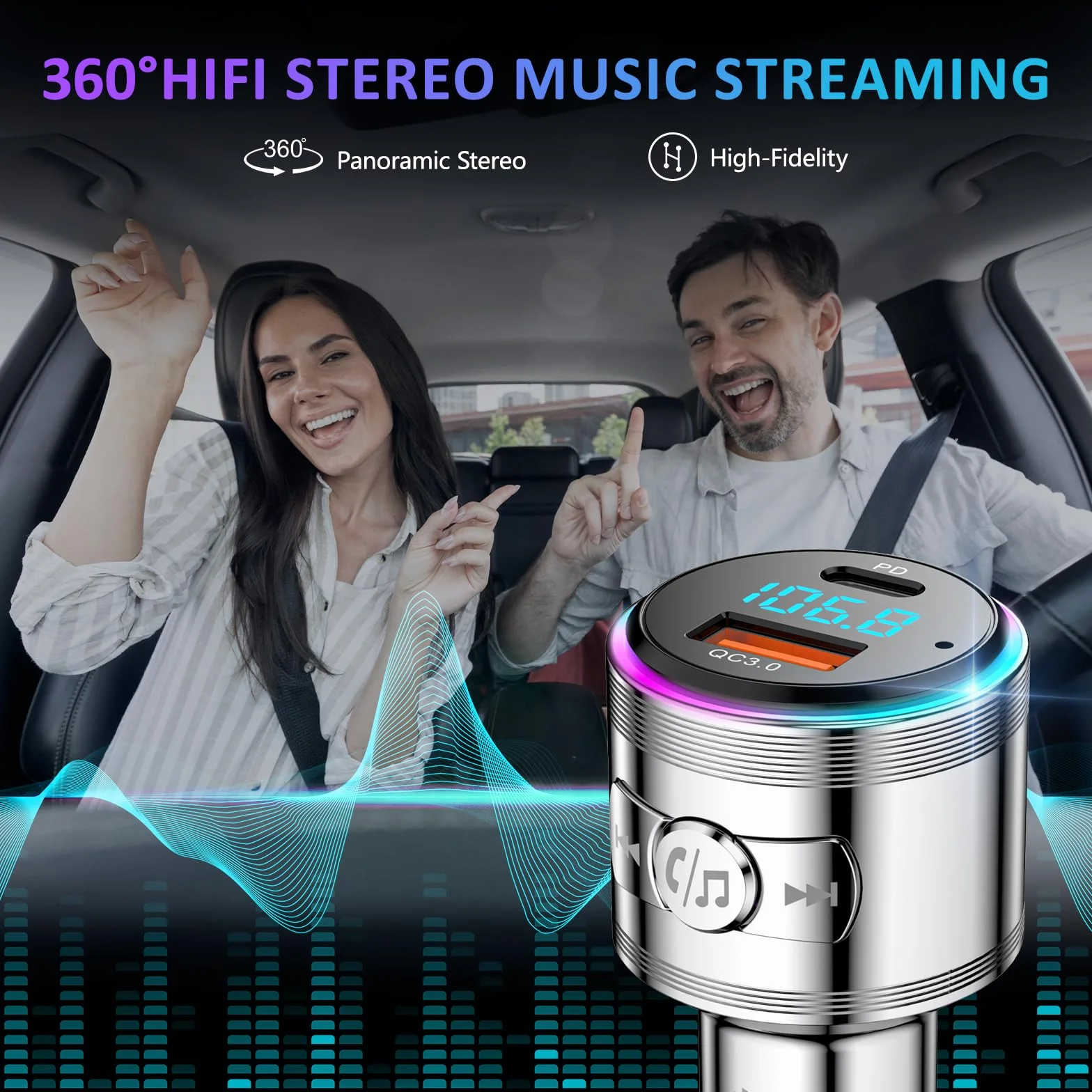 LENCENT 5.3 Bluetooth FM Nadajnik Samochodowy 20W USB-C QC3.0 Ładowarka Zestaw Głośnomówiący