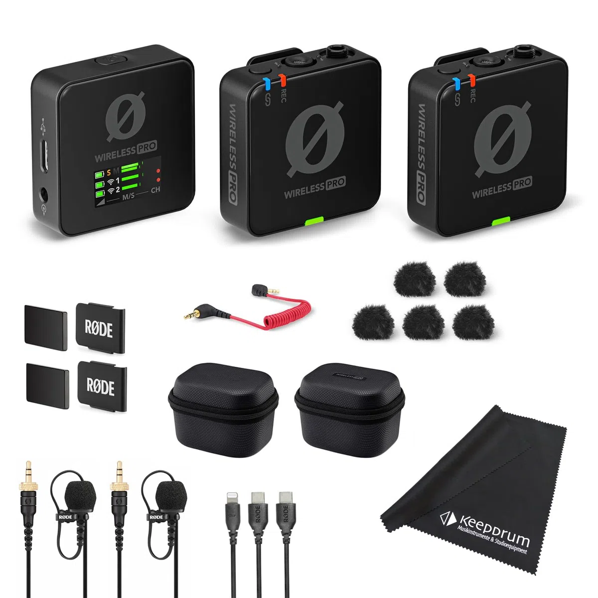 Rode Wireless Pro cyfrowy 2-kanałowy zestaw bezprzewodowych mikrofonów do nagrywania z kamerą + ściereczka z mikrofibry Keepdrum