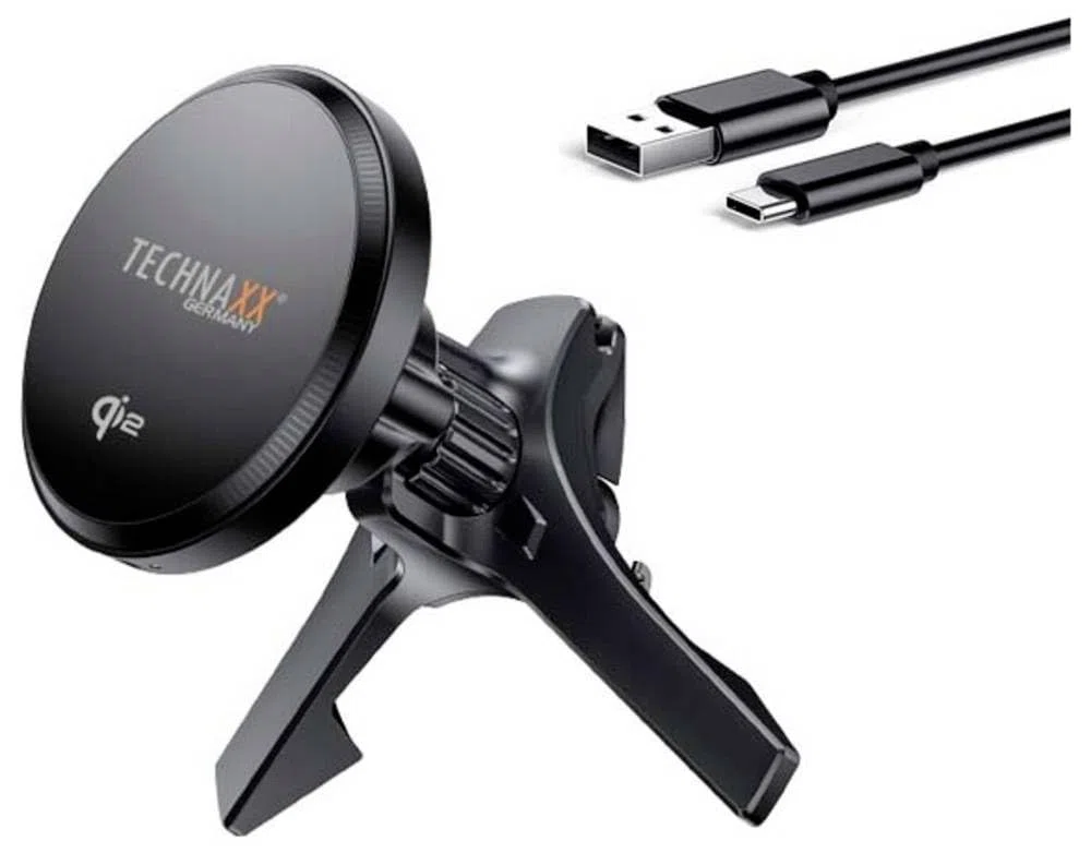 Technaxx Magnetyczna ładowarka samochodowa 15 W, Qi2 TX-323, uchwyt na telefon z metalowym pierścieniem, kabel USB-A na USB-C – szybkie bezprzewodowe ładowanie do telefonów iPhone 12+ i telefonów z