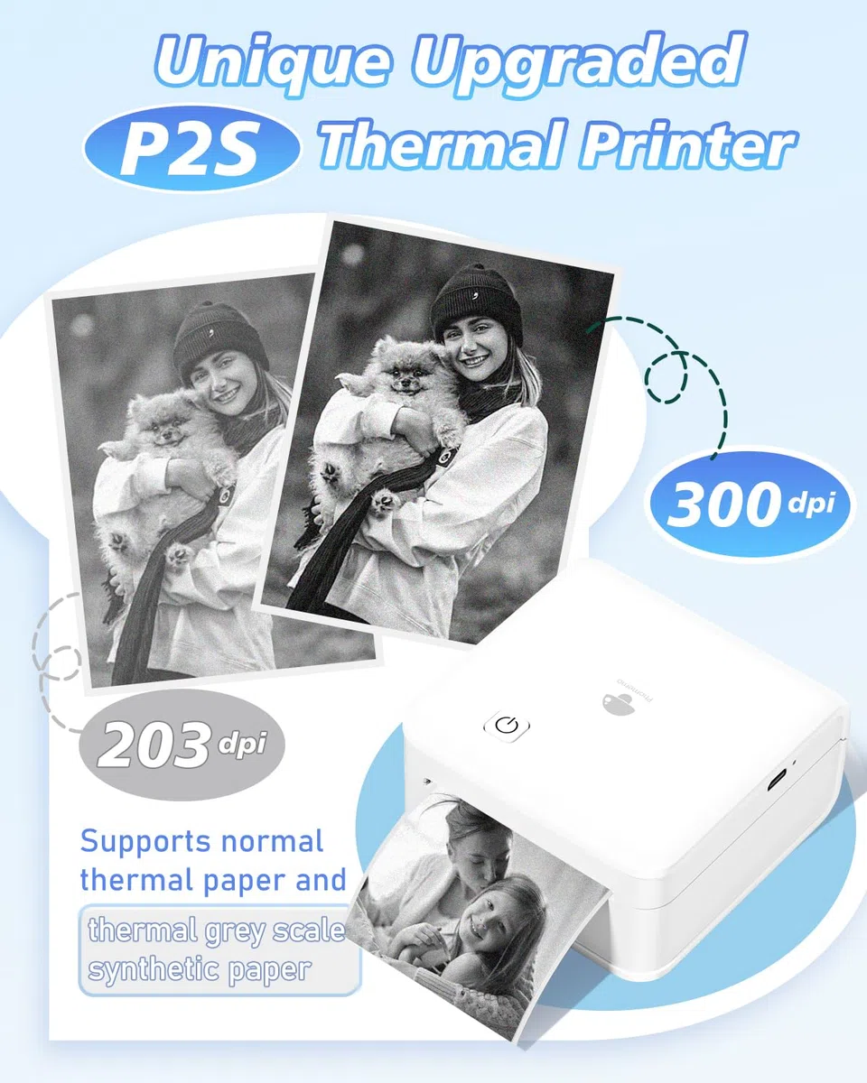 Phomemo P2S Mini Drukarka Fotograficzna, Mini Drukarka Bluetooth, Przenośna Drukarka Termiczna 300 dpi z 3 Rolkami Papieru, Kompatybilna z iOS i Androidem, do zdjęć, zdjęć, prezentów