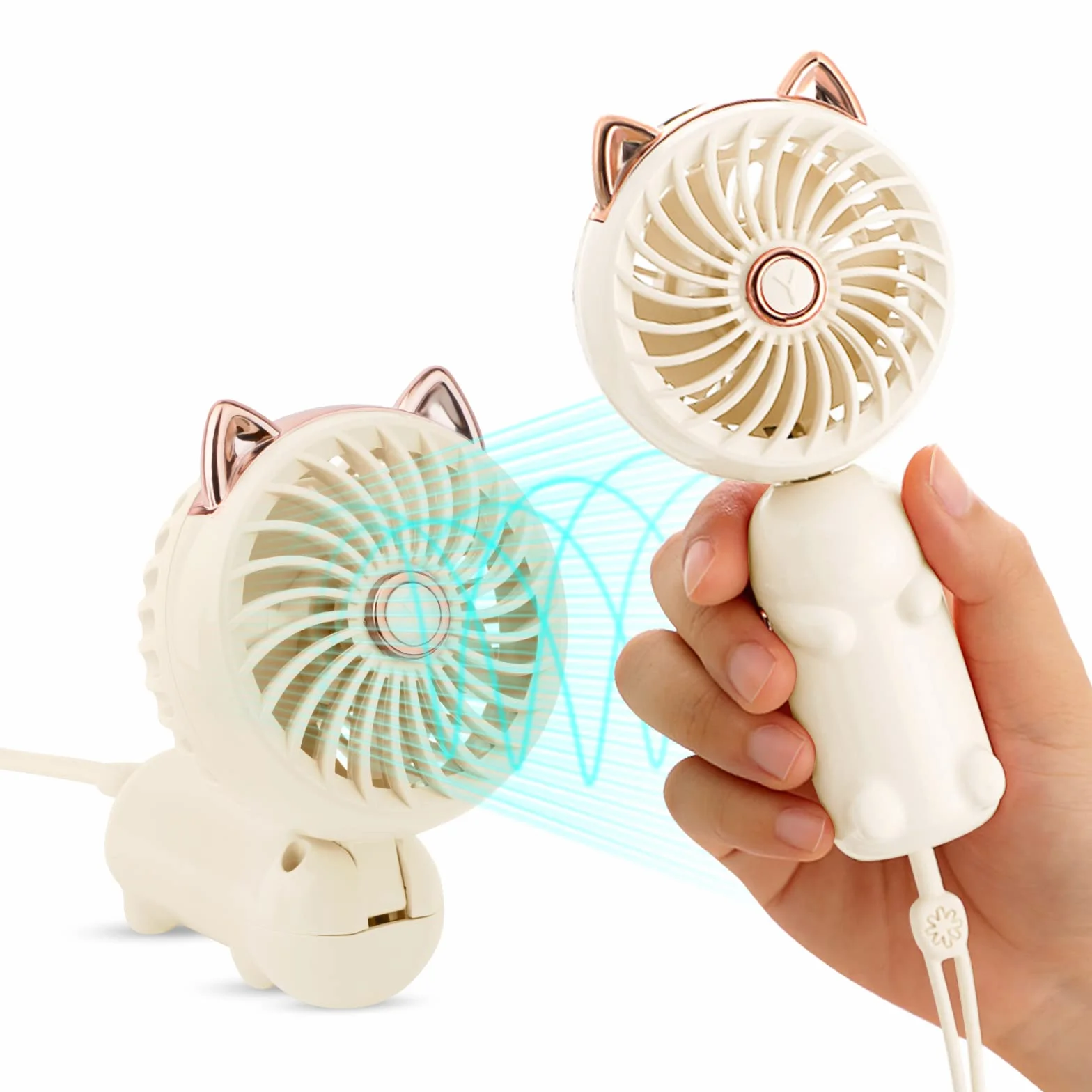 Przenośny wentylator ręczny, mini wentylator USB z akumulatorem i 3 prędkościami, uroczy osobisty mały wentylator elektryczny dla dziewcząt / kobiet / dzieci do podróży na świeżym powietrzu, składany