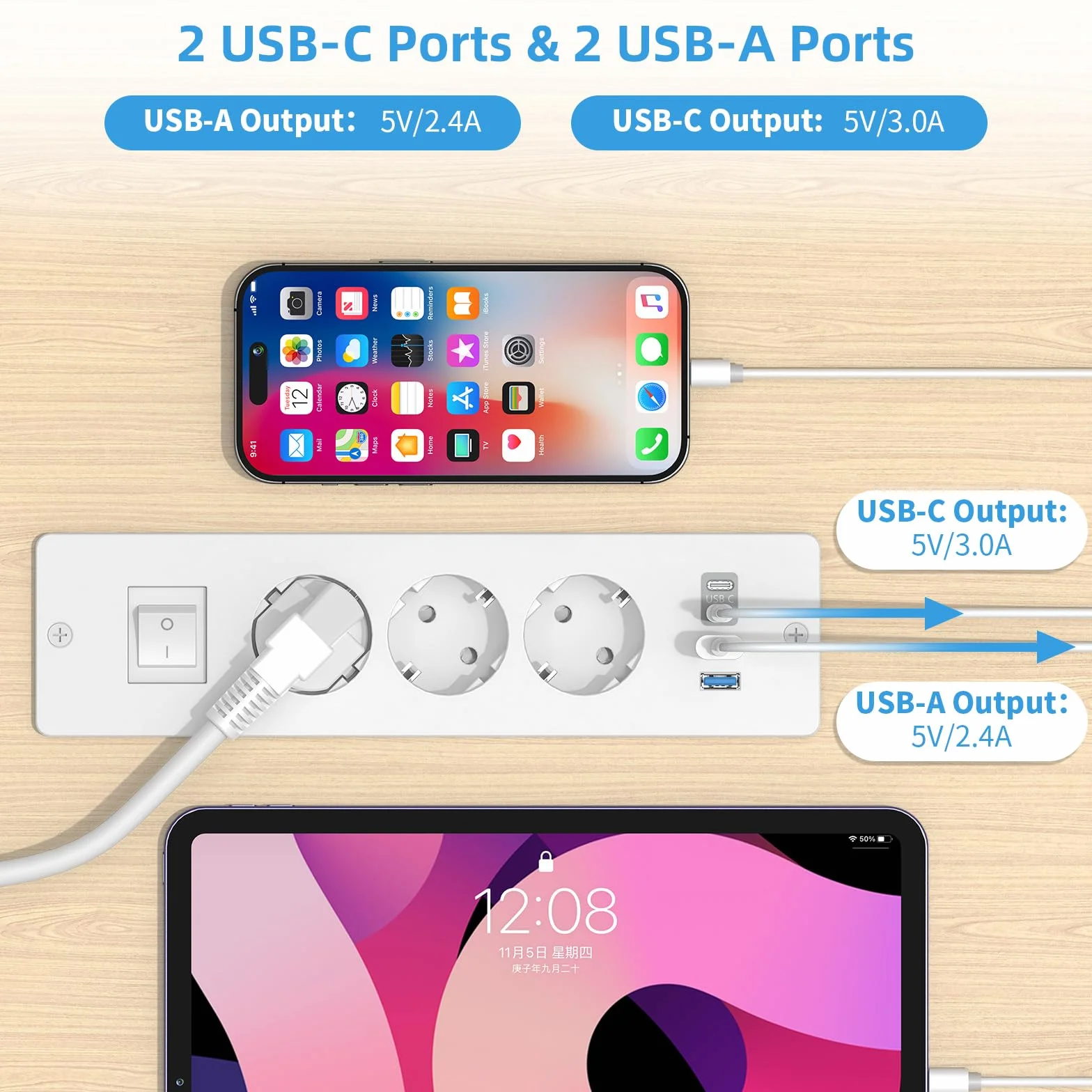 Blat wpuszczane gniazdko z USB C, 3 gniazda do zabudowy, listwa zasilająca z przełącznikiem, gniazdko stołowe, z kablem 2 m, do stołu konferencyjnego, blatu roboczego, stolika kawowego (biała)