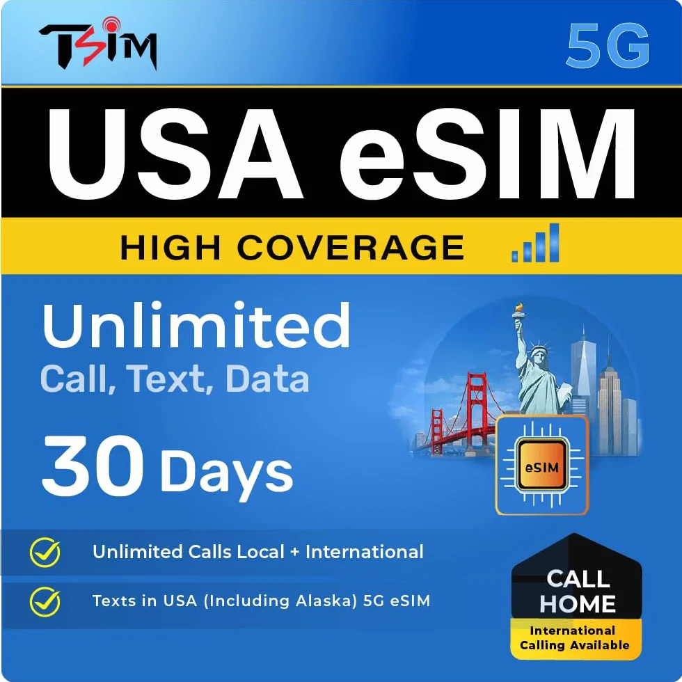 TSIM USA eSIM 10 dni z połączeniami do domu | wysoki zasięg sieci | nieograniczone dane w sieci AT&T | nieograniczone połączenia lokalne + międzynarodowe połączenia telefoniczne/SMS w USA (w tym