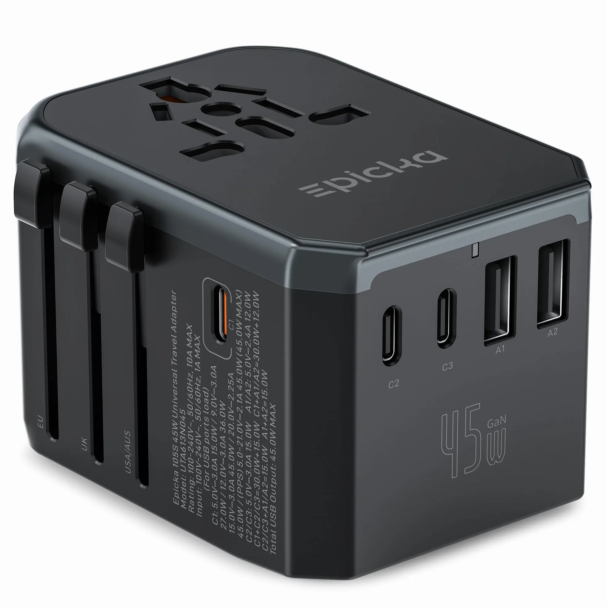Epicka Uniwersalny adapter podróżny na cały świat PD Fast Charge, 45W szybkie ładowanie adapter podróżny z 3 USB i 2 USB C, uniwersalny dla UE USA UK Tajlandia Australia Adapter podróżny 105s