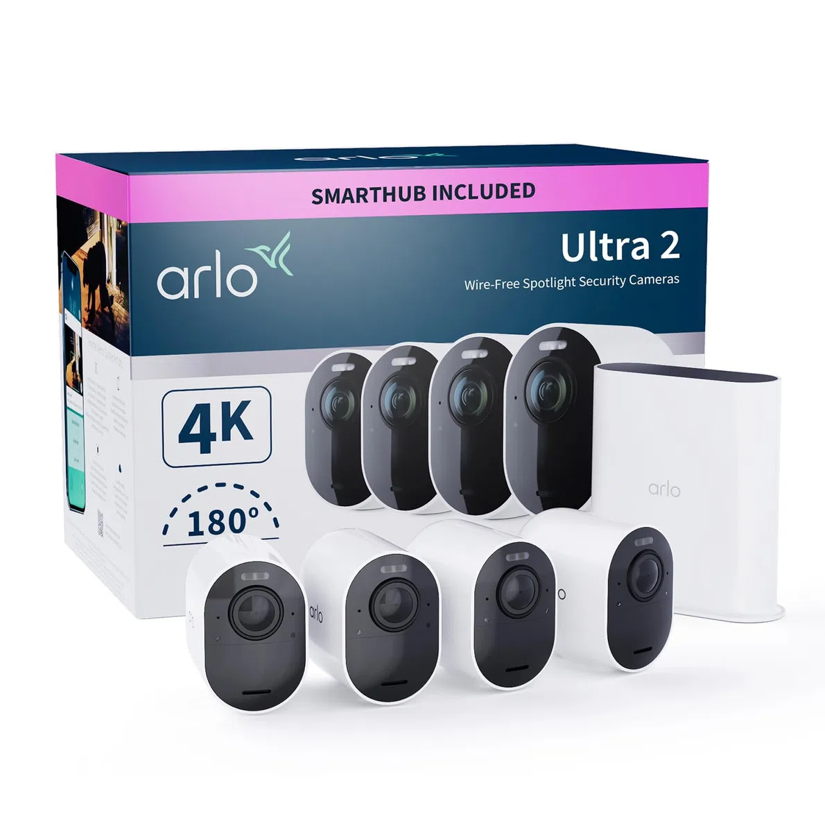 Arlo Ultra 2 4K IP zewnętrzna kamera monitorująca, zestaw 4 kamer | bezprzewodowa | z oświetleniem | tryb nocny w kolorze | czujnik ruchu | syrena | 3 msc. okresu testowego Arlo Secure