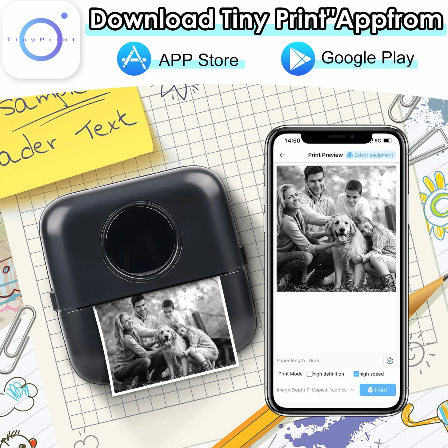 GuKKK Mini drukarka, mobilna drukarka fotograficzna, przenośna, bezprzewodowa drukarka termiczna, 13 rolek papieru do drukarki i 5 kredek, pomoc w nauce, notatek, notatek, listy