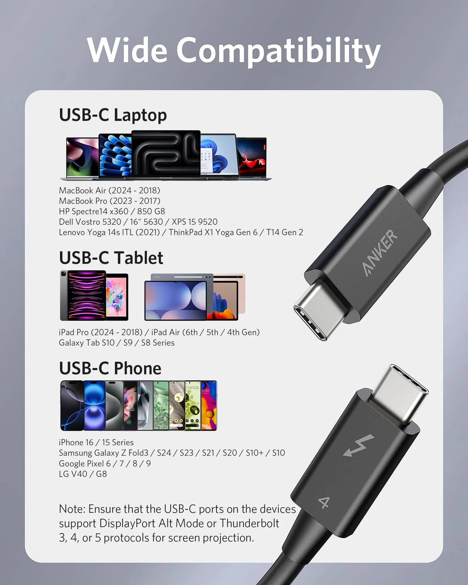 Kabel Anker Thunderbolt 4 o długości 70 cm, wyświetlacz 8K/transfer danych 40 Gb/s /kabel ładujący 100W USB-C, kompatybilny z iPhone 15, MacBookami USB-C, iPadem Pro, koncentratorami, dokami, certyfikowaniem Intel Thunderbolt