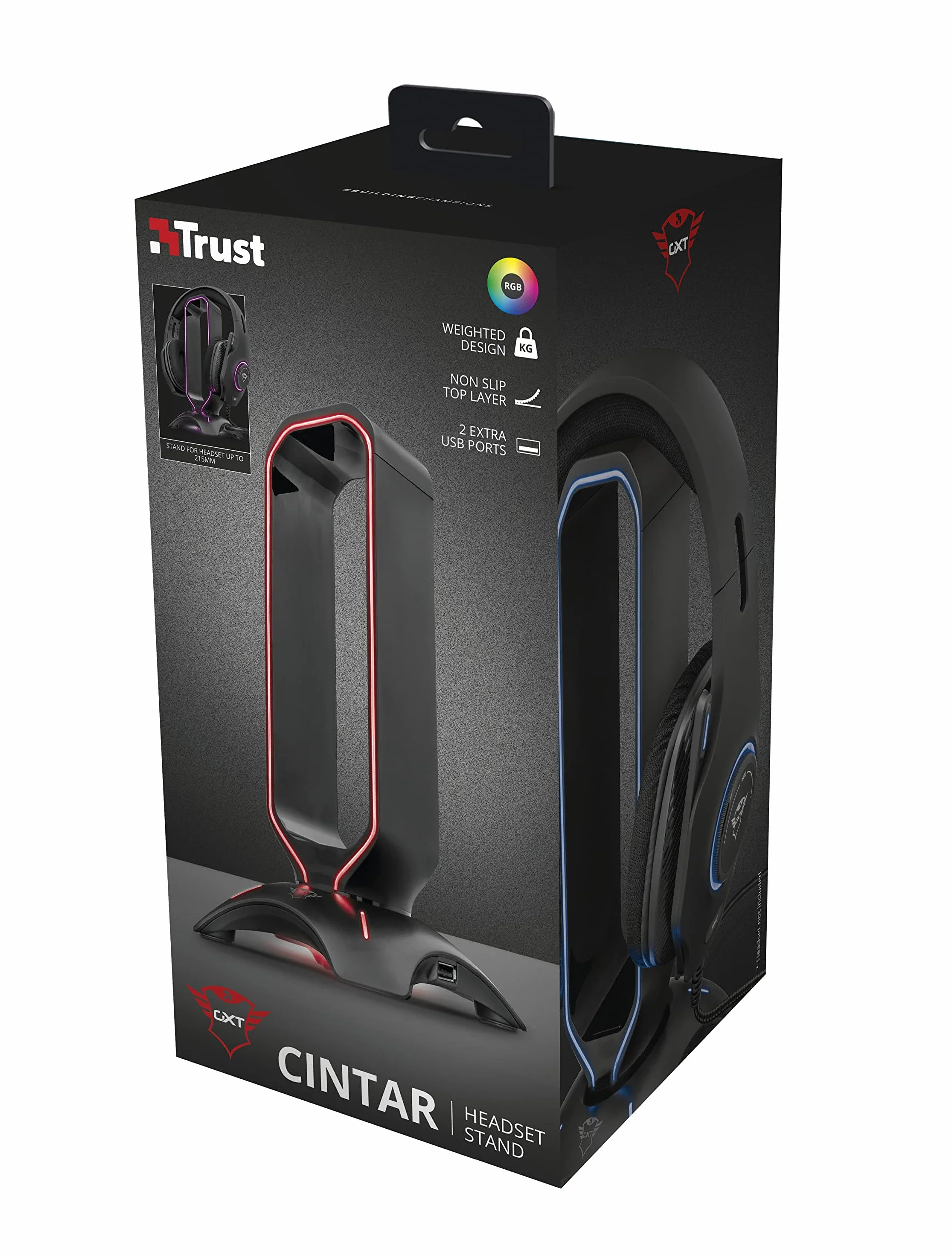 Trust GXT 265 Cintar stojak na słuchawki do gier, podświetlany stojak LED RGB na słuchawki, 2 dodatkowe porty USB-A, uniwersalne dopasowanie, kabel 1,5 m, antypoślizgowa podstawa - czarny