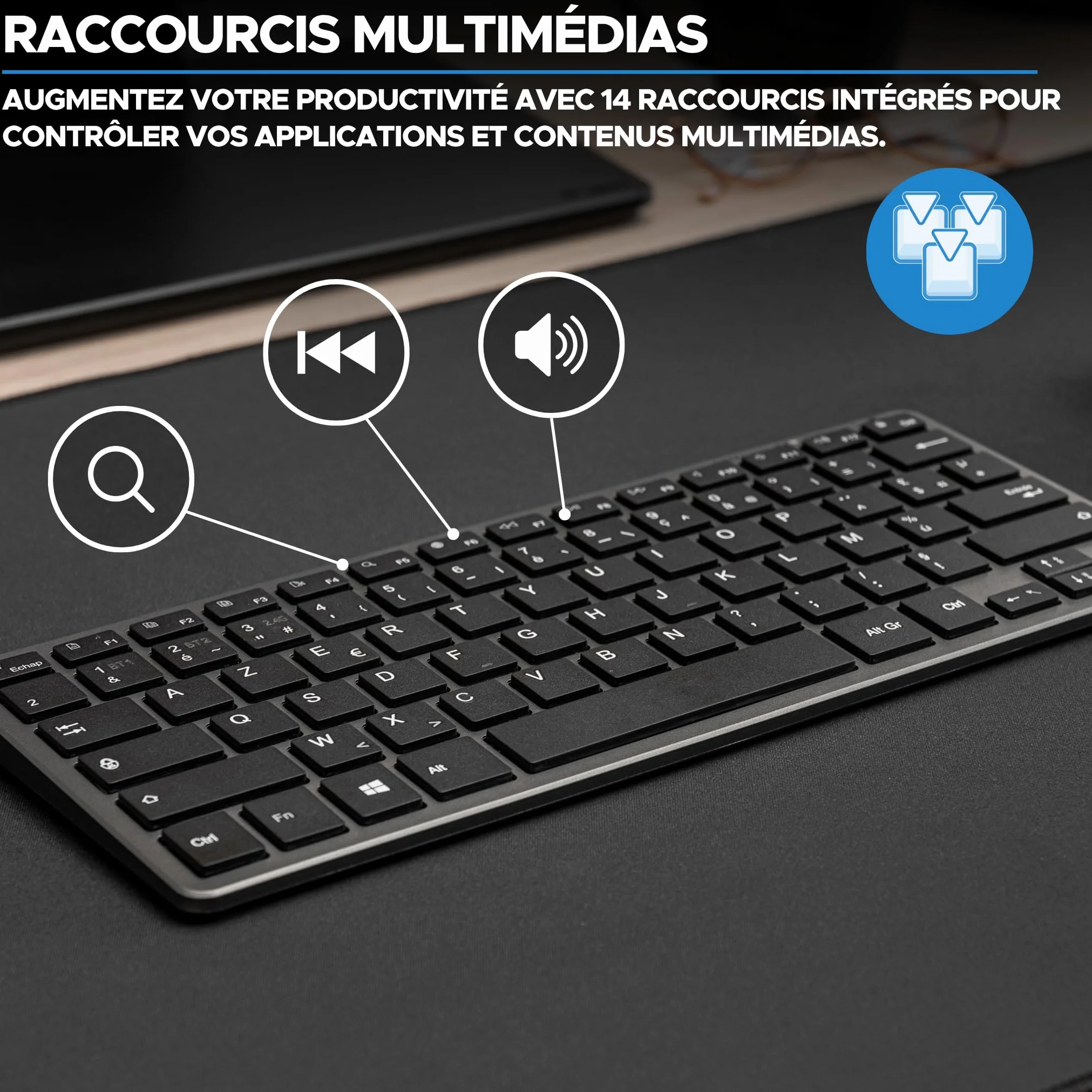 Bezprzewodowa klawiatura Bluetooth mini Azerty cicha lekka 90h ładowalna USB C 14 skrótów multimedialnych biała
