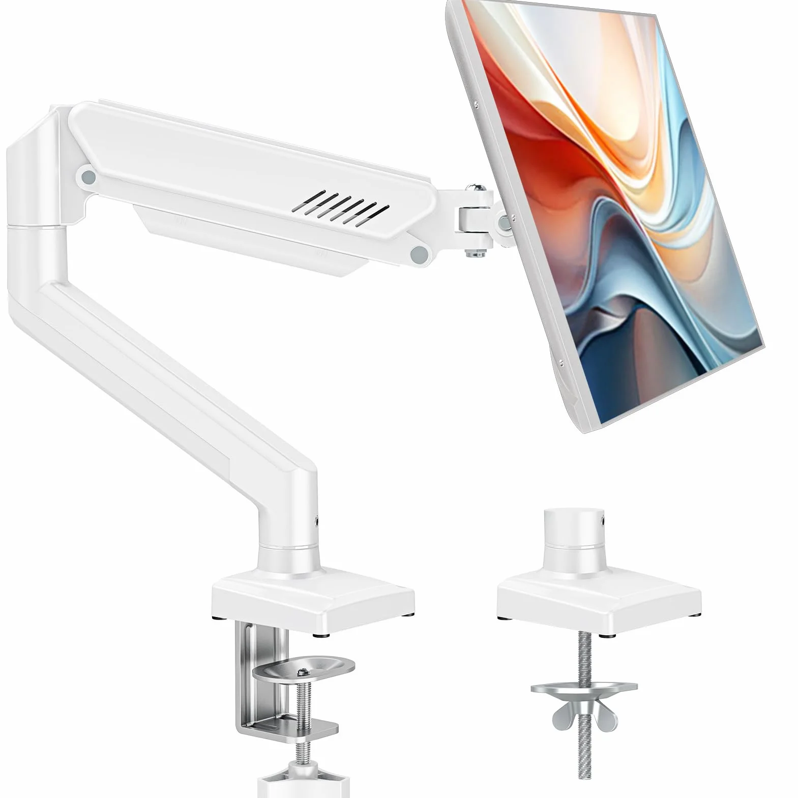 ELIVED Pojedyncze ramię monitora do większości monitorów 13-32 cali z VESA 75 x 75 / 100 x 100 mm do 9 kg, ramię sprężyny gazowej obracane o 360° z zaciskiem C i podstawą przelotkową, uchwyt stojaka