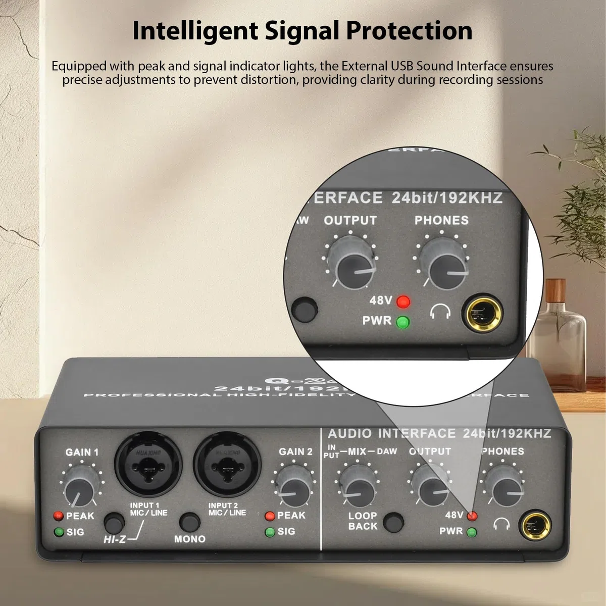 Fockety Karta Dźwiękowa USB, 2 kanał XLR TRS Phantom Power Audio Interface z 192KHz 24bit Wysoka Impedancja, do Komputerowego Nagrywania Podcastingu Przesyłania Strumieniowego