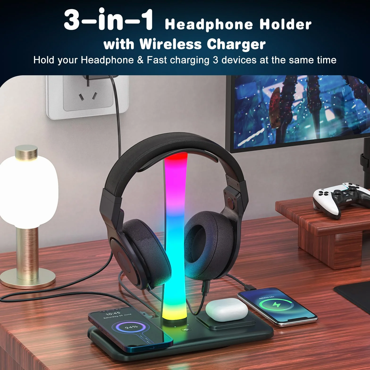 Stojak na Słuchawki 3 w 1 RGB Bezprzewodowe Ładowanie 7 Trybów Świietlnych 1 Port USB