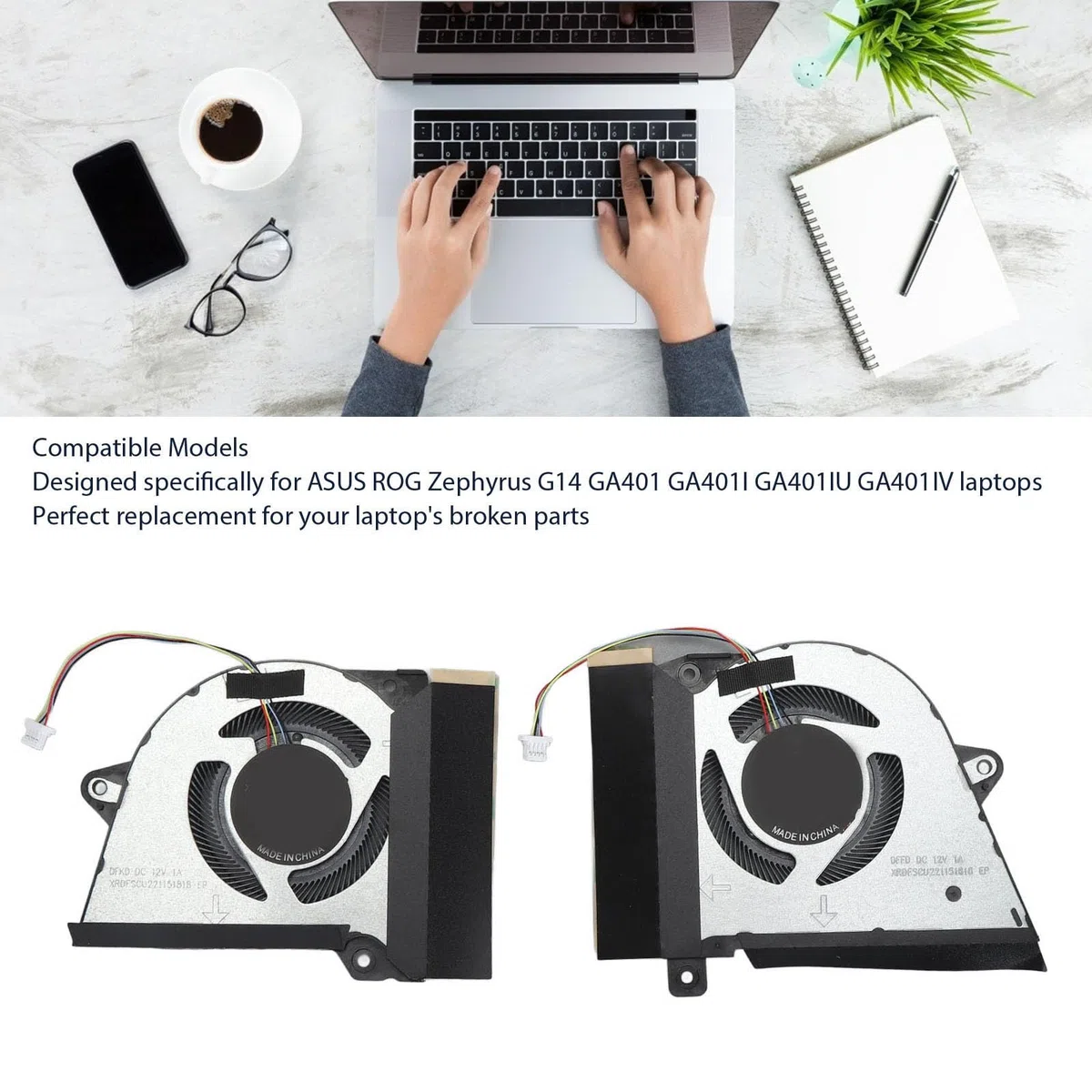 Zapasowy Wentylator Chłodzący do ROG Zephyrus G14 GA401 GA401I GA401IU GA401IV Laptopa, 4-pinowe Złącze Zasilania, DC 12V 1A (Wentylator chłodzący CPU i GPU)