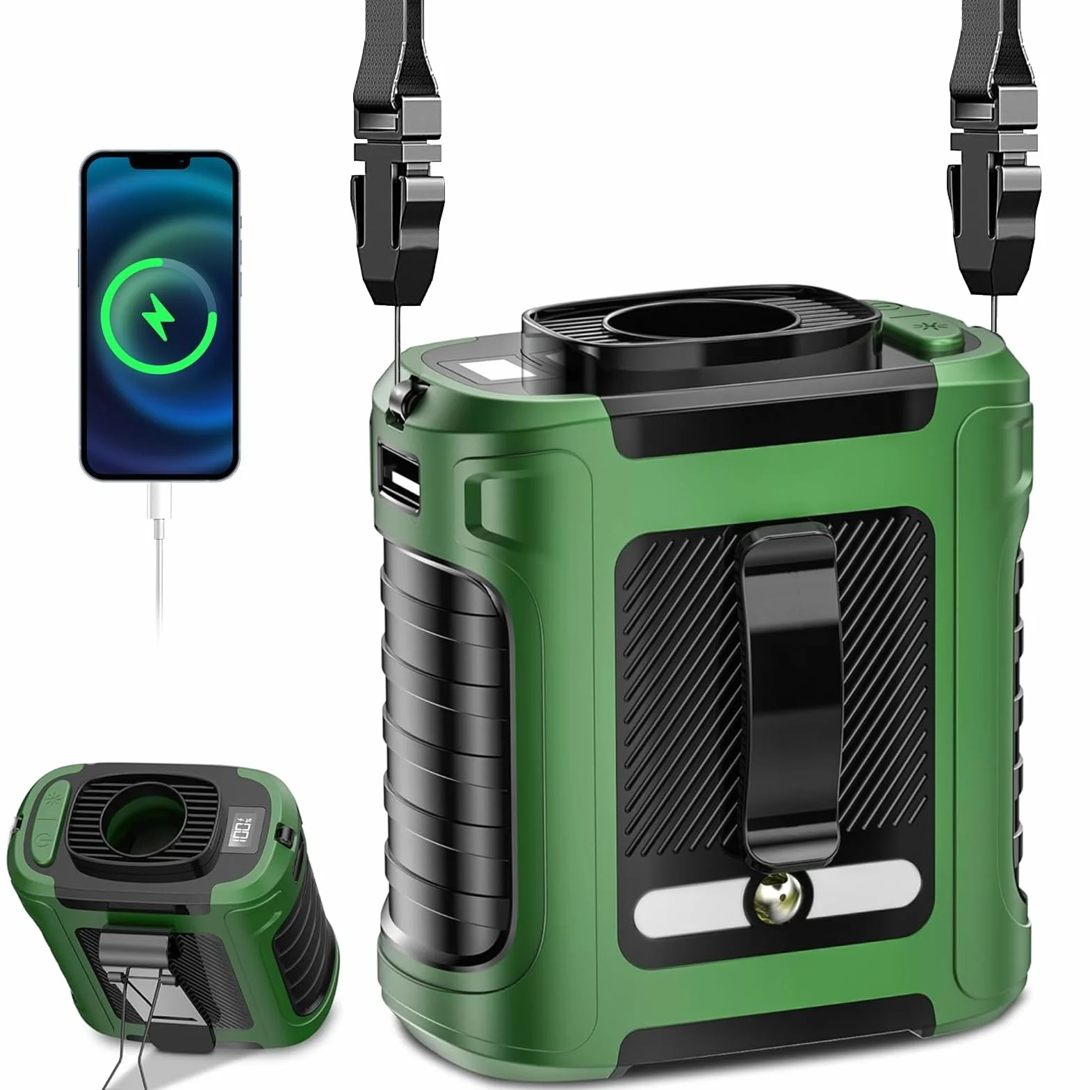 Gemmac Przenośny wentylator do użytku na zewnątrz, wentylator USB z wentylatorem Clip, przenośny mini wentylator z 5 poziomami i oświetleniem, do uprawiania sportu na świeżym powietrzu, na kemping