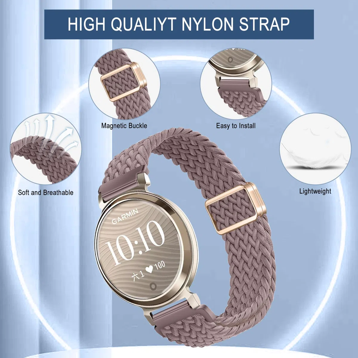 nylonowy pasek kompatybilny z Garmin Lily 2 Active/ 2 Classic, sportowy pasek z magnetyczną klamrą, nylonowy pasek zastępczy do Garmin Lily 2/2 Sport (fioletowy)