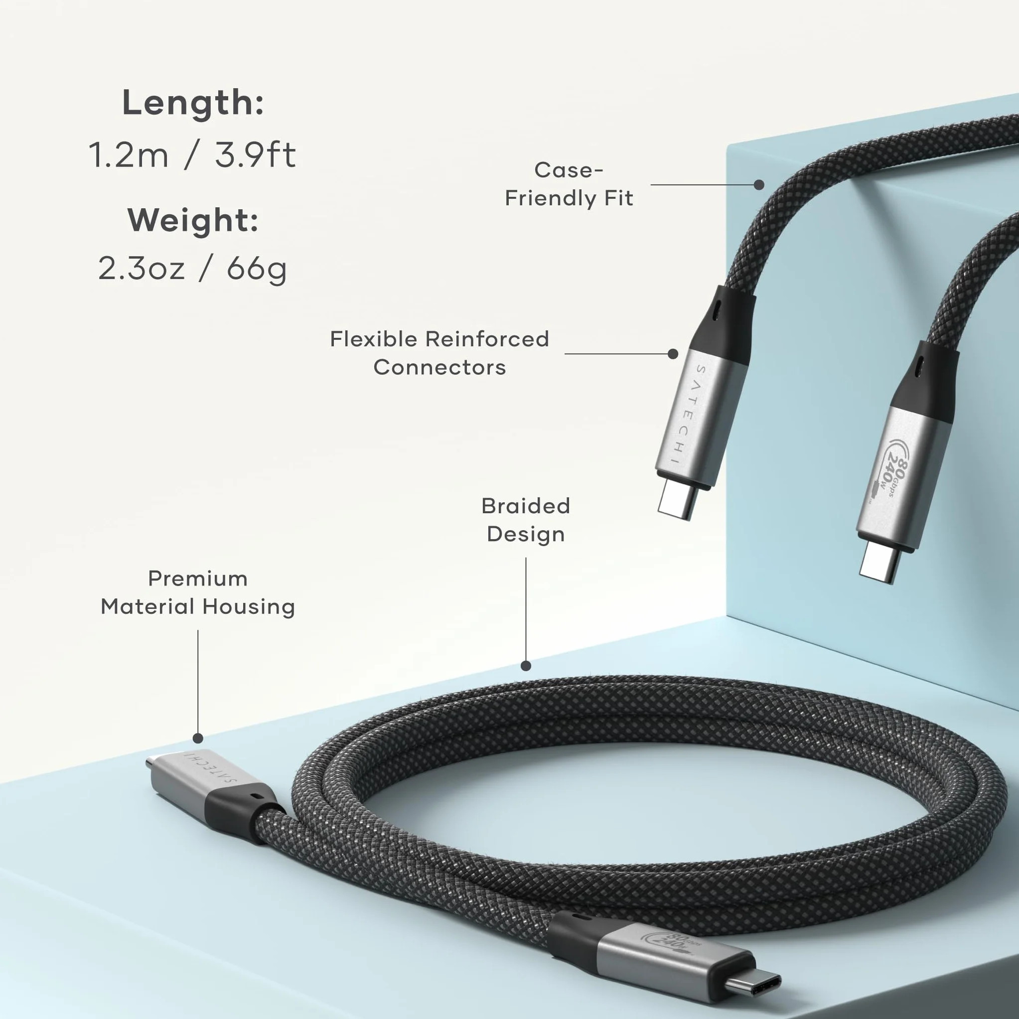SATECHI USB4 V2 Pro Kabel USB-C 1.2m 120Gbps 240W 8K@60Hz Thunderbolt 5/4/3